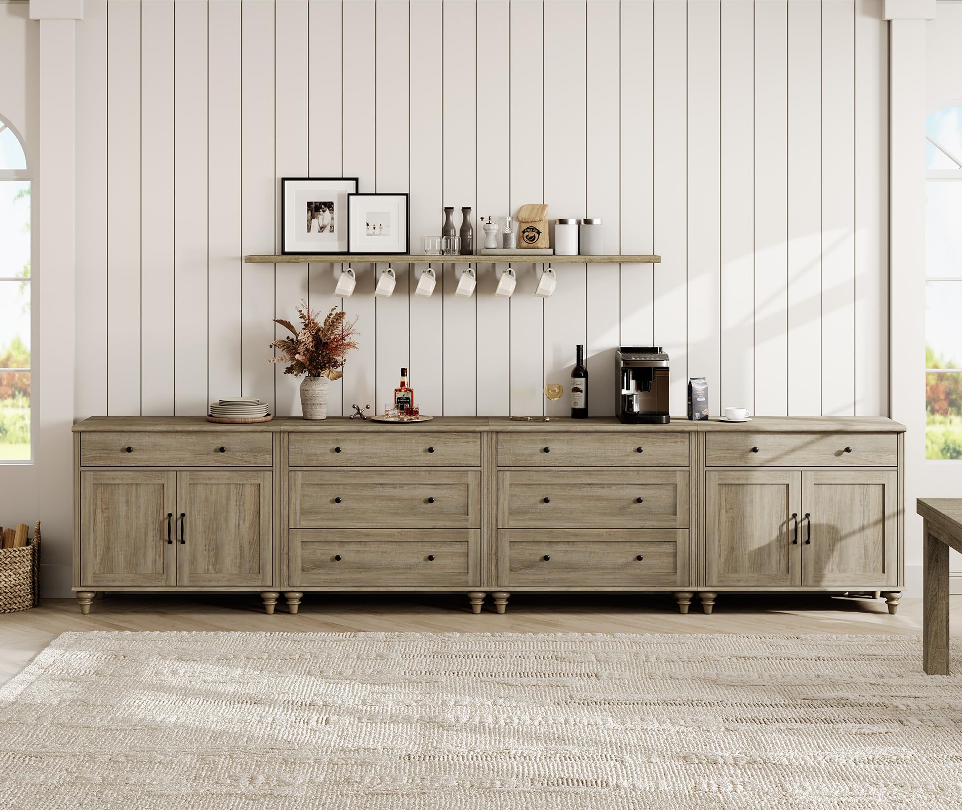 WAMPAT Sideboard Cabinet with 8 Drawers and 4 Doors, Vintage Wood Grain Design, Buffet Cabinet with Storage?Coffee Bar for Dinning Room, Kitchen and Living Room, Wash Grey