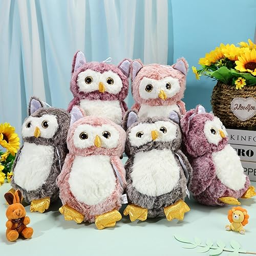 Miniatura 5 de 6 piezas de animales de peluche de búho para bebés, juguete de peluche de búho suave, búho rosa, marrón, gris, recuerdos de fiesta para niños