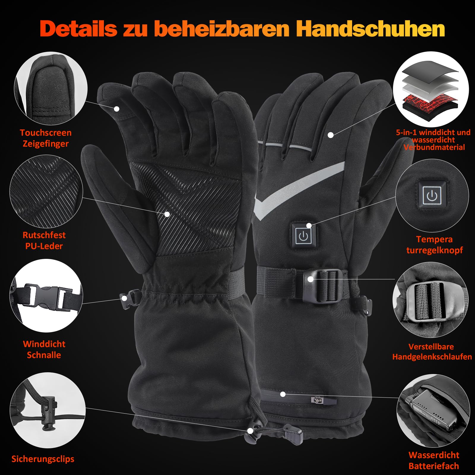 Beheizbare Handschuhe Herren Damen,Beheizte Handschuhe mit 5000mAh*2 7.4V Akku 4 Heizstufen, Wiederaufladbare Winter wasserdichte Handwärmer Handschuh Beheizbar für Wintersport, Skifahren