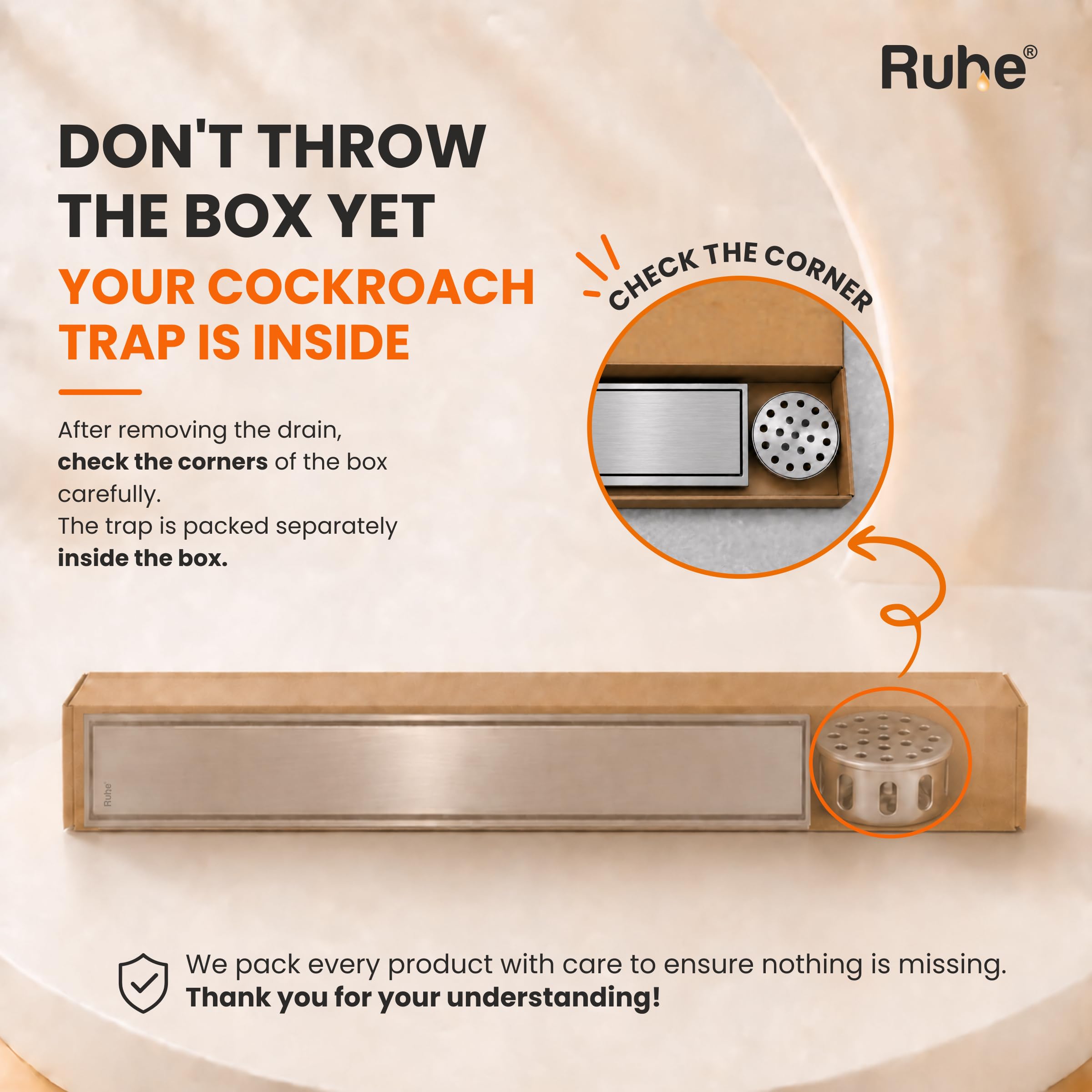 Ruhe Rectangular Tile Insert Shower Drain Channel | 24 x 4 Inches | Waste Water Floor Drain For 13mm Tile | 304 Stainless Steel | Invisible Shower Drainer Channel | Anti Cockroach Trap and Side Hole — Amazon image 7