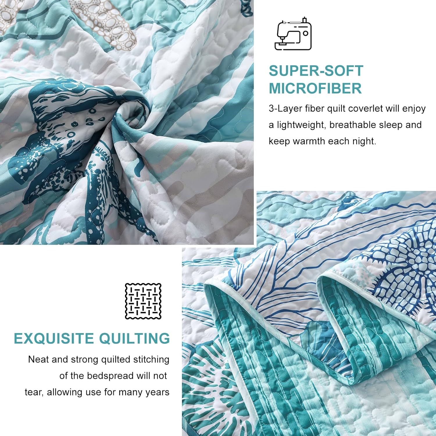 Coastal Quilts Bedding Set Queen Size, Summer Green Fish Coral Nautical Bedding Quilt Set with Pillow Cases, Ocean Beach Reversible Bedspreads Coverlet Soft Microfiber Lightweight Comforter - Image 6