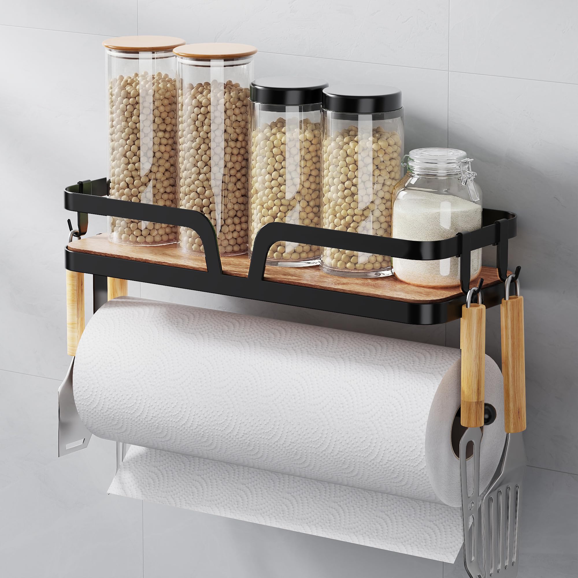 Taozun Paper Towel Holder Wall Mount, Kitchen Paper Holder Spice Rack Black Paper Towel Roll Holder RV Paper Towel Rack with 4 Hooks(2 Installation Methods - Self-Adhesive and Drilling)