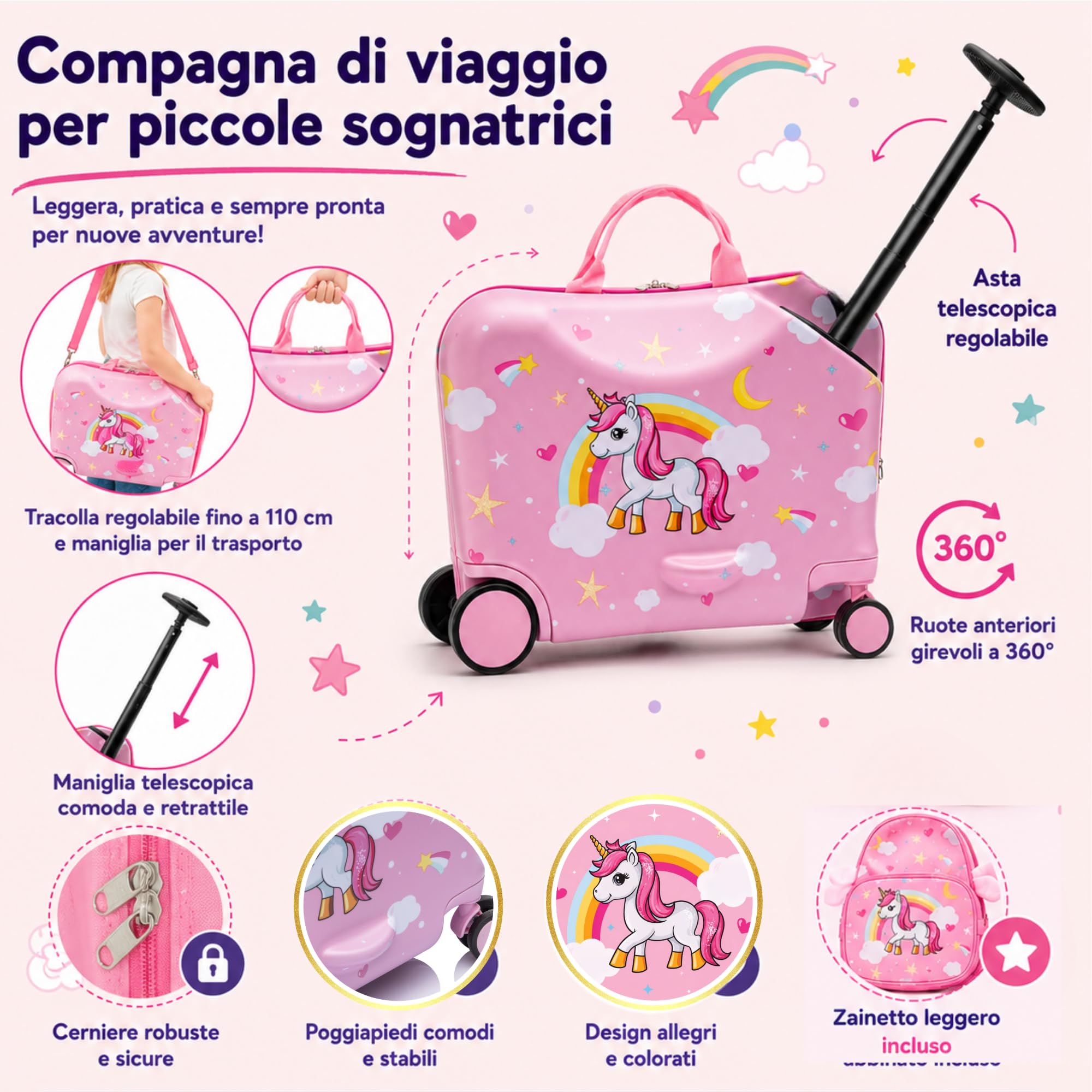 Valigia Cavalcabile per Bambini 2 in 1 con Zainetto Bagaglio a Mano Rigido 47x26x36 cm Trolley Ruote Spinner 360 Asta Telescopica Cinghia Traino Fantasia Unicorno