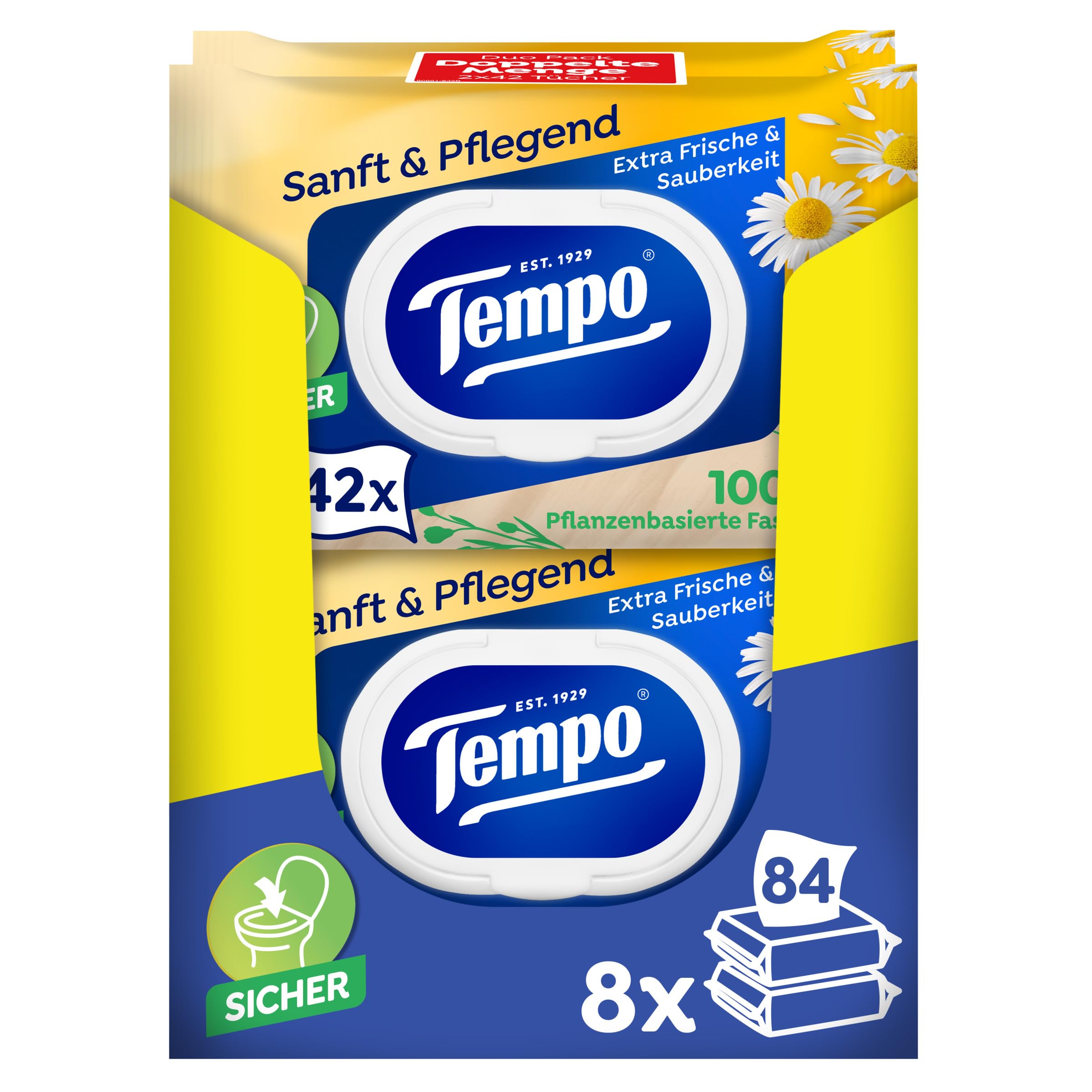 Tempo Feuchte Toilettentücher "Sanft & Pflegend" - Megapack - 16 Packungen mit je 42 Tüchern - Duo Packs - mit natürlicher Kamille - Toilettenpapier, dermatologisch getestet & pH-hautneutral