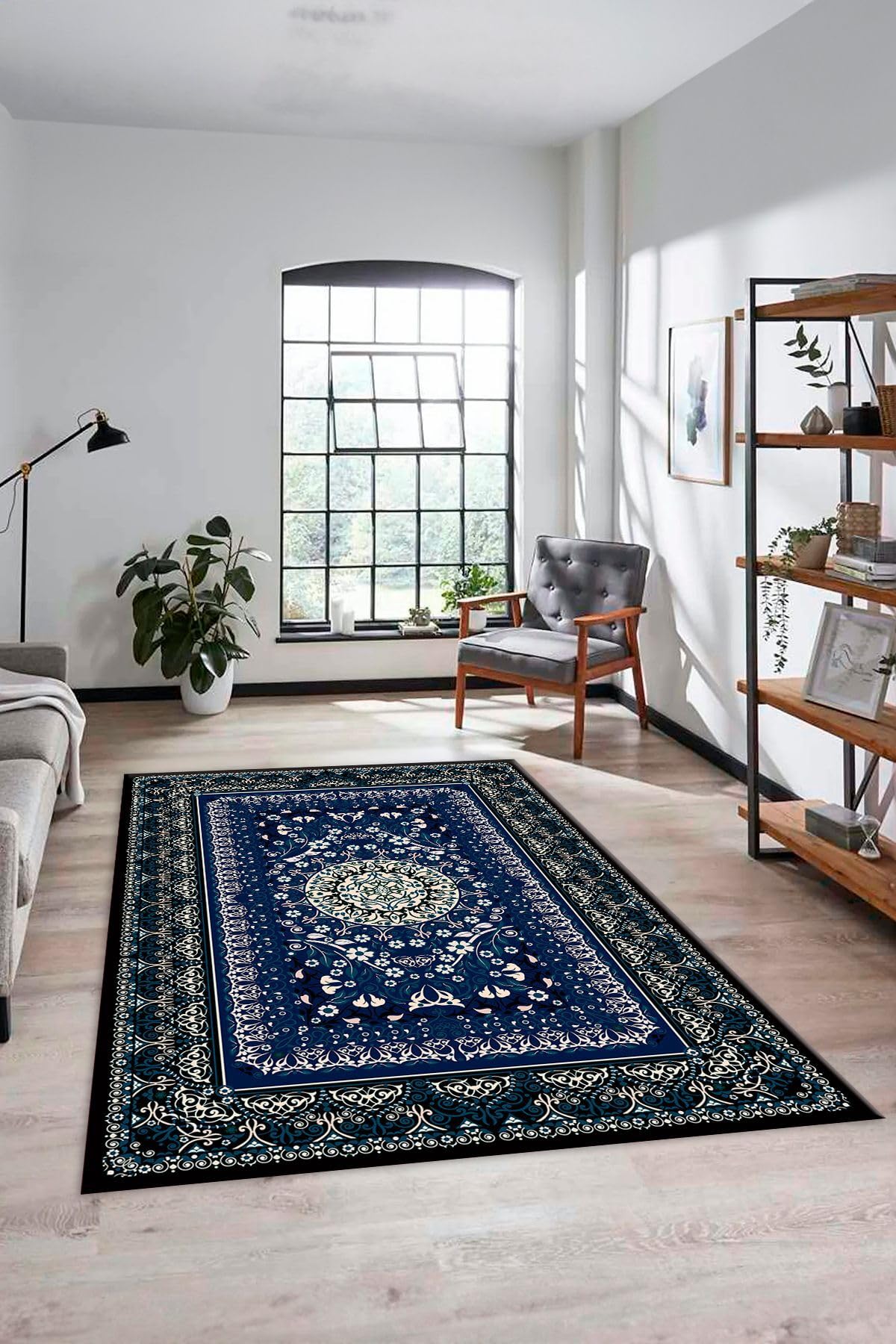 Evdeya Şık Klasik Desen Dijital Kaymaz Taban Yıkanabilir Yolluk Mutfak Salon Halısı KLASİK-14, Mavi, 80 x 200
