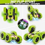 QUNREDA Voiture de télécommande pour les enfants 6+, RC Jouet de voiture Stunt 4WD Double face 360° Télécommande tournante avec phares, cadeaux anniversaire pour les garçons 6 7 8 9 10 11 12 vert