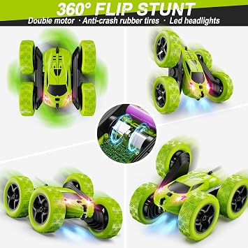 QUNREDA Remote Control Car for Kids Ages 6+, RC Cars Stunt Car Toy 4WD Double Sided 360° Rotating Remote Control with Headlights, Birthday Xmas Gifts for Boys 6 7 8 9 10 11 12 Green