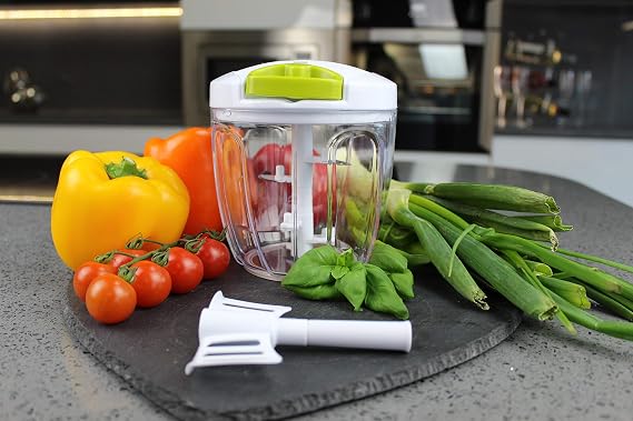 Hand Chopper Manual Food-Processor - Pull String to Slice Vegetables, Onions, Garlic, Meat, Nuts in Seconds - Curved Stainless Steel Removable Blades, Non-Slip Base, BPA-Free, Dishwasher-safe.