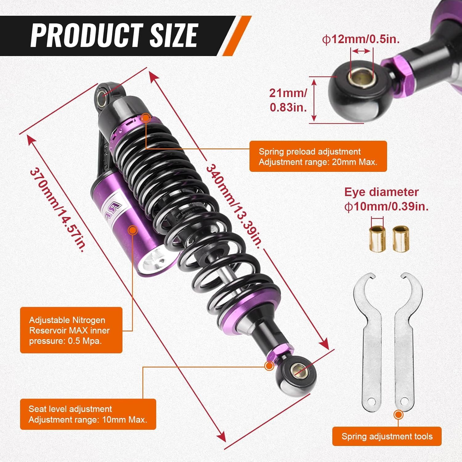 340mm 13.38 pollice 7mm Molla Universale Moto Ammortizzatori Posteriore Sospensione ATV Quad Scooter Dirt Bike Per 50cc 75cc 90cc 125cc 150cc 250cc 300cc Nero Viola