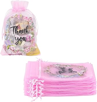 Biiange Thank You Bags Sheer Organza Bags, Organza Gift Bag Small with Drawstring, for Birthday Party Favors Wedding Bridal Shower50Pcs
