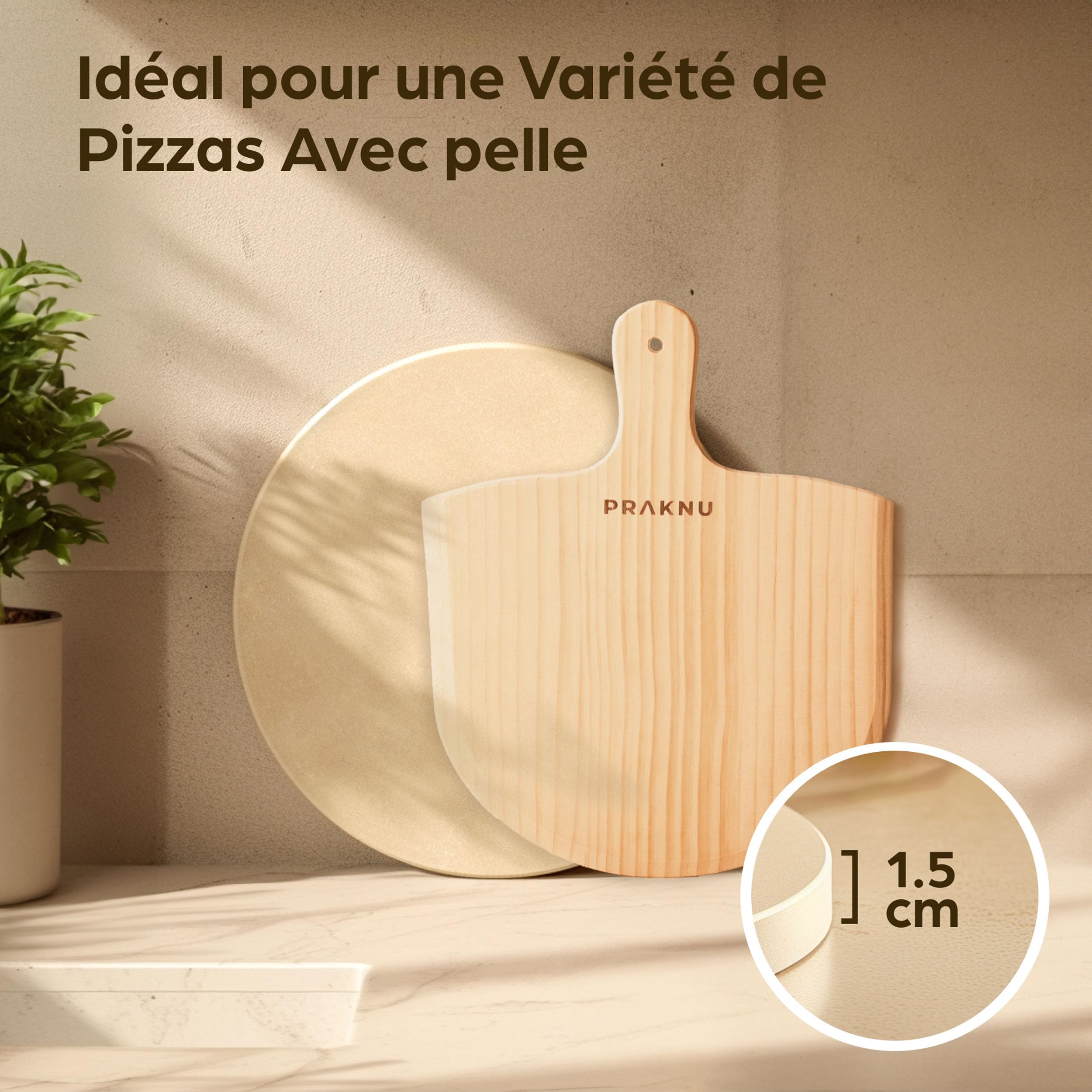 Praknu Pierre a Pizza pour Four - Avec Pelle à Pizza en Bois - Pierre Pizza Ronde en Cordiérite à Four et Barbecue - Pour Pizzas Croustillantes