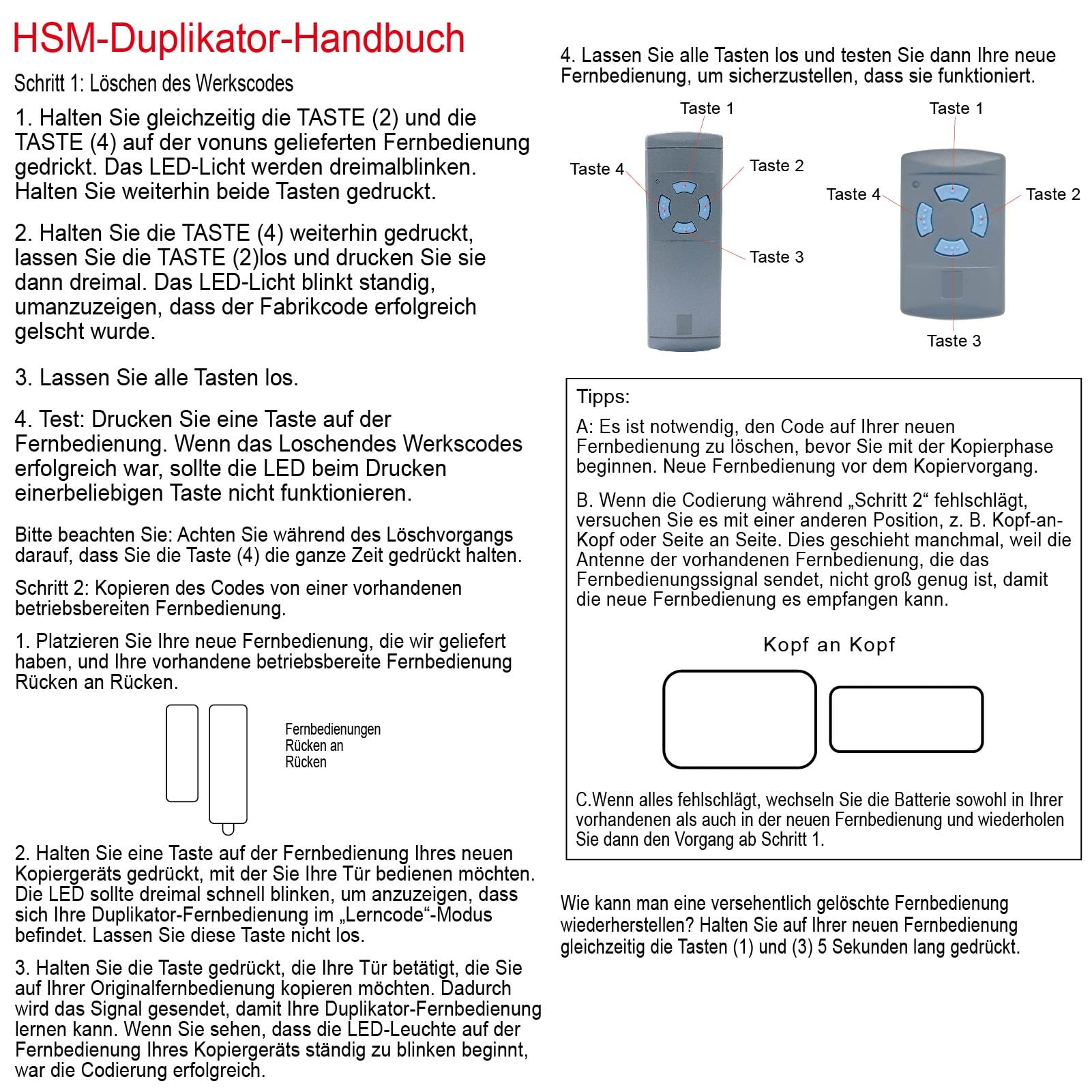 868.3MHz Garagentoröffner, Handsender fur Hörmann, Garagentor Fernbedienung Kompatibel mit Hörmann HSM2 HSM4 HS1 HS2 HS4 HSE2 HSE4 HSZ1 HSZ2 HSP4 HSP4-C HSD2-A HSD2-C, Enthält 2 Batterien (2 Stück)