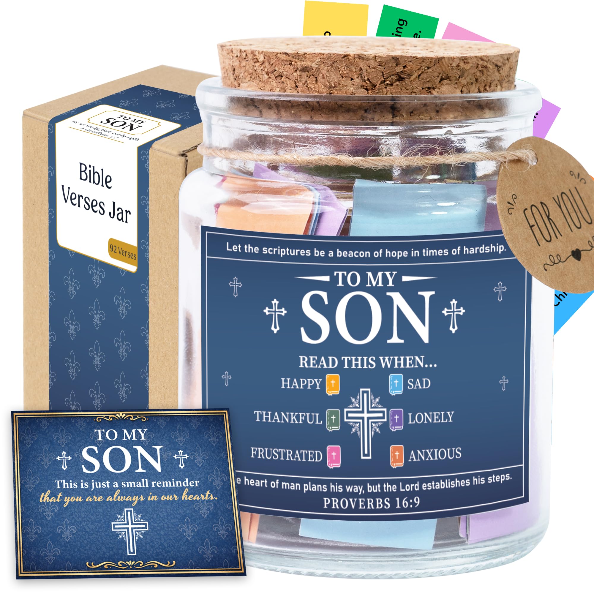 Bible Verses Jar for Son – 92 Scripture Cards, Open When You Feel Happy Sad Anxious or Lonely, Meaningful Christian Gift for Son, Birthday Graduation Easter Gift from Parents