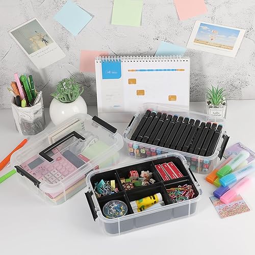 Miniatura 2 de JUXYES Paquete de 2 cajas de almacenamiento apilables de 3 niveles con bandeja dividida, contenedor de almacenamiento apilable transparente con tapa