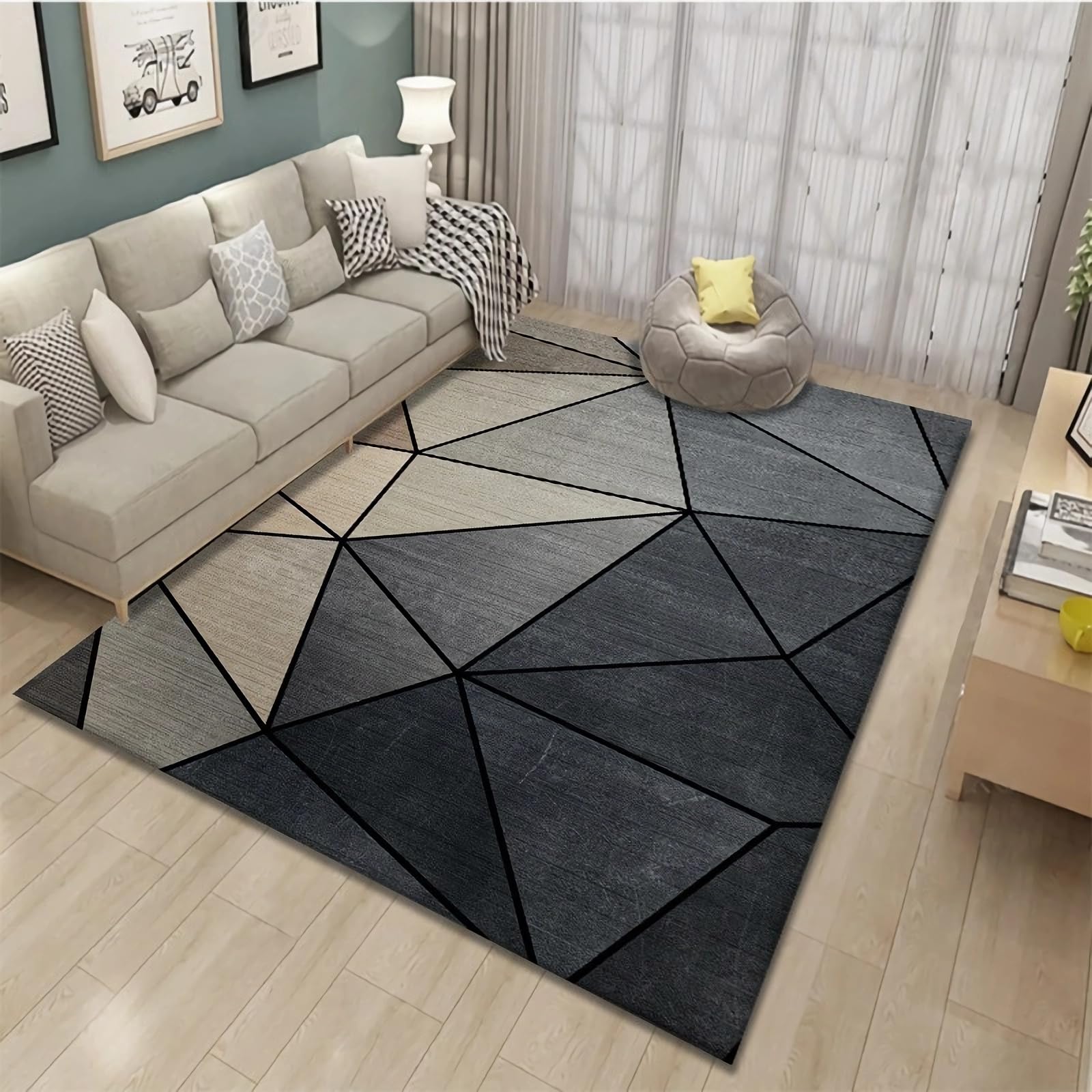 Dywan sypialnia trwały antypoślizgowy dywan czarny szary geometryczny design, dywan tarasowy chodnik do przedpokoju, 160 x 230 cm