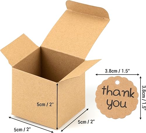 Miniatura 3 de IFAMIO 50 cajas de regalo de papel kraft para dulces, cajas de dulces de 2 x 2 x 2 pulgadas, mini cajas de regalo de fiesta con etiquetas de