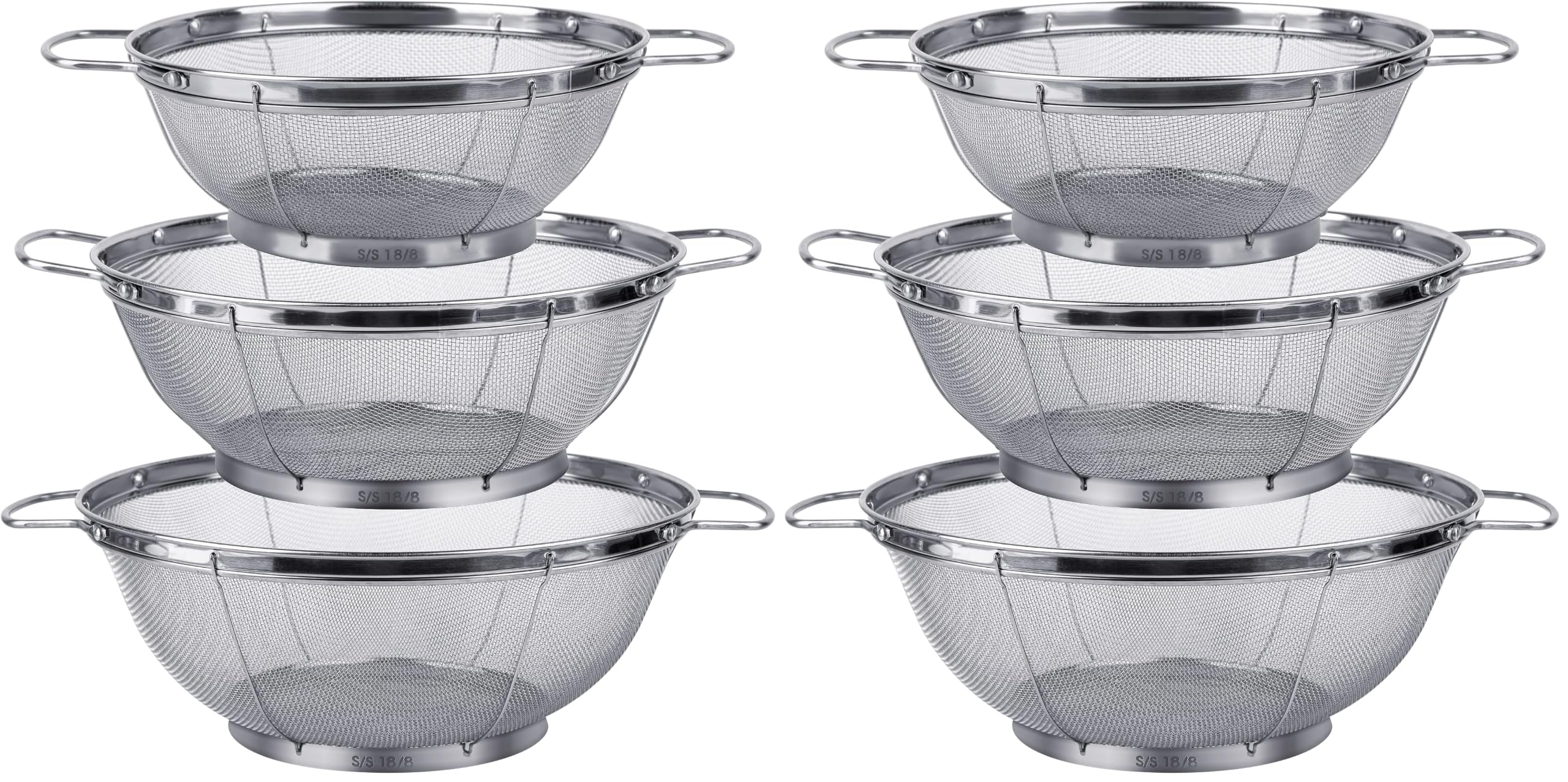 6 Pack 18/8 Stainless Steel Colander Sieves(5-Quart, 4-Quart and 3-Quart), Mesh Strainer Net Baskets with Handles & Resting Base for Strain, Drain, Rinse or Steam