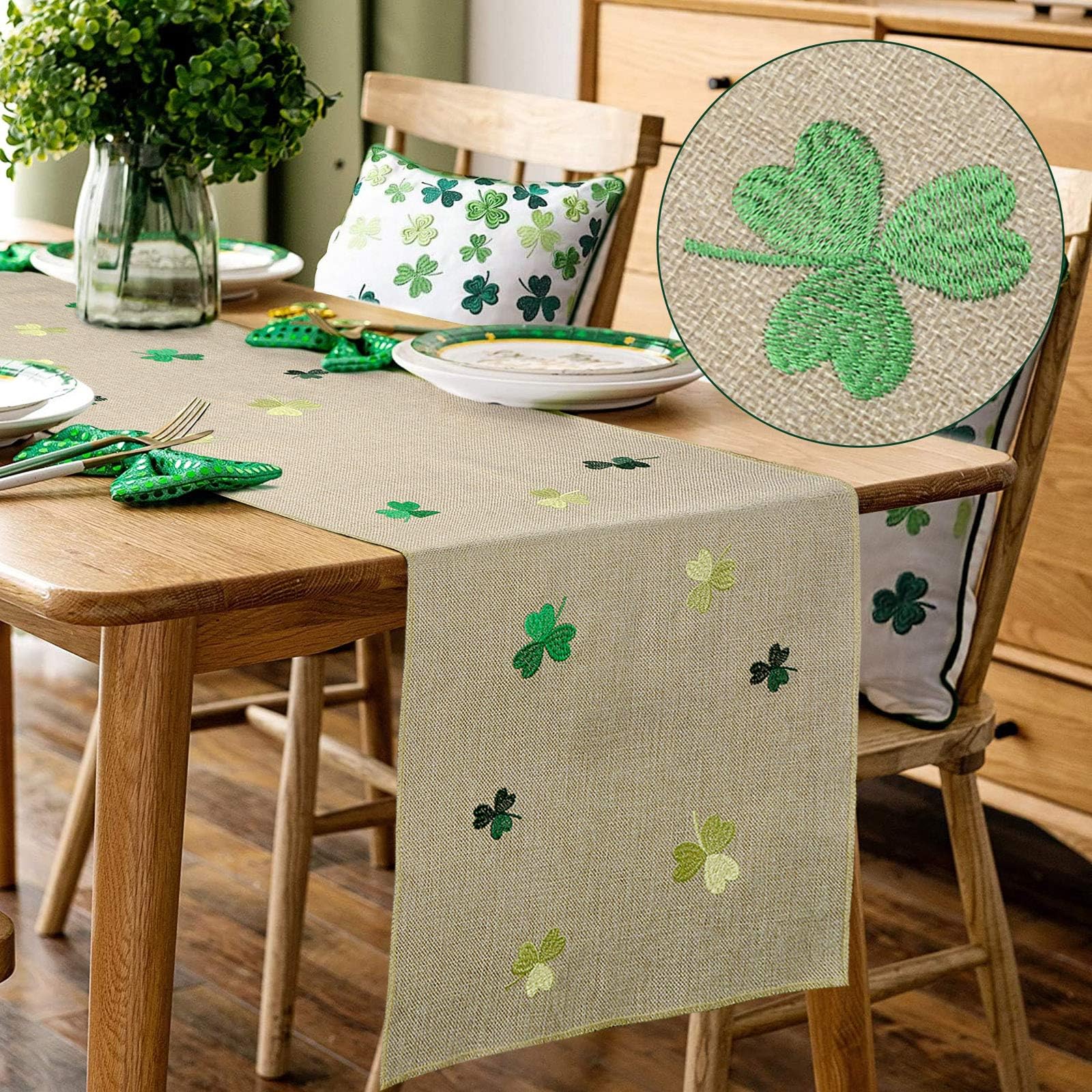 yubooSt Patrick Day Table Runner, Embroidered Shamrock Table Runnr Linen Burlap for Farmhouse Rustic Spring Decorations,13 x 72