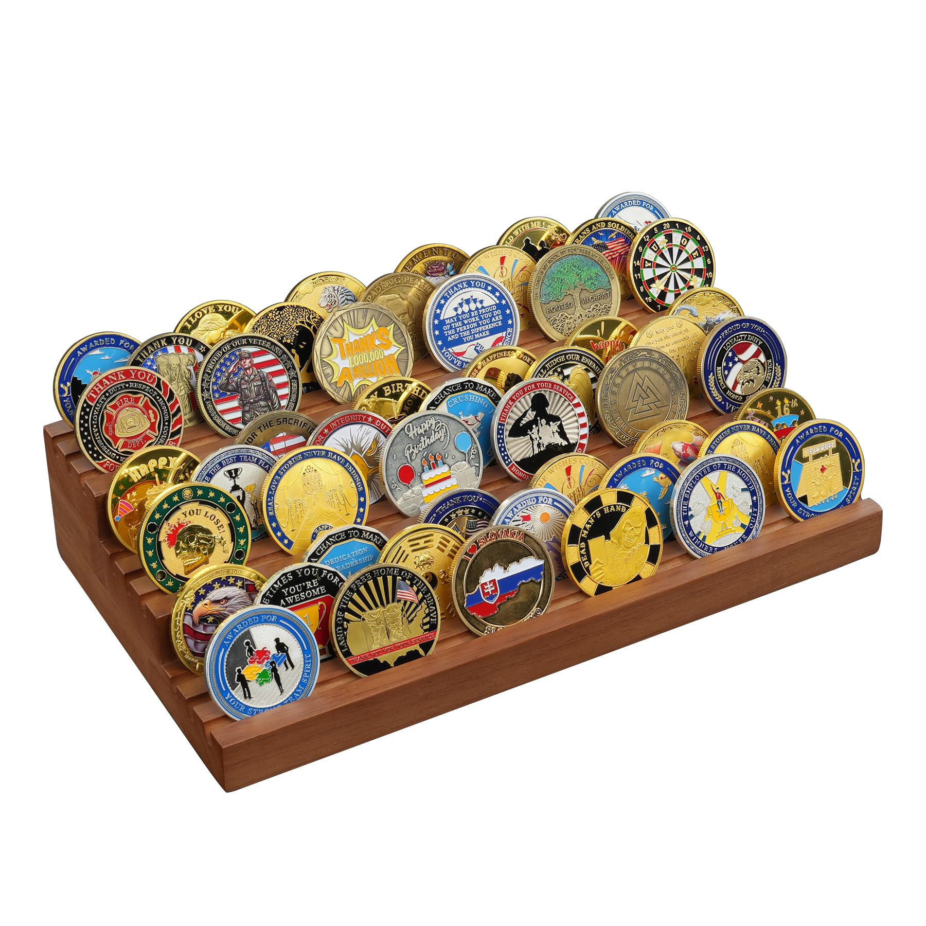 TJWZXX Challenge Coin Holder, 9 Rows Solid Wood Military Coin Display Stand Holds 60 Coins, Army Coin Rack Display Case for Desk Display