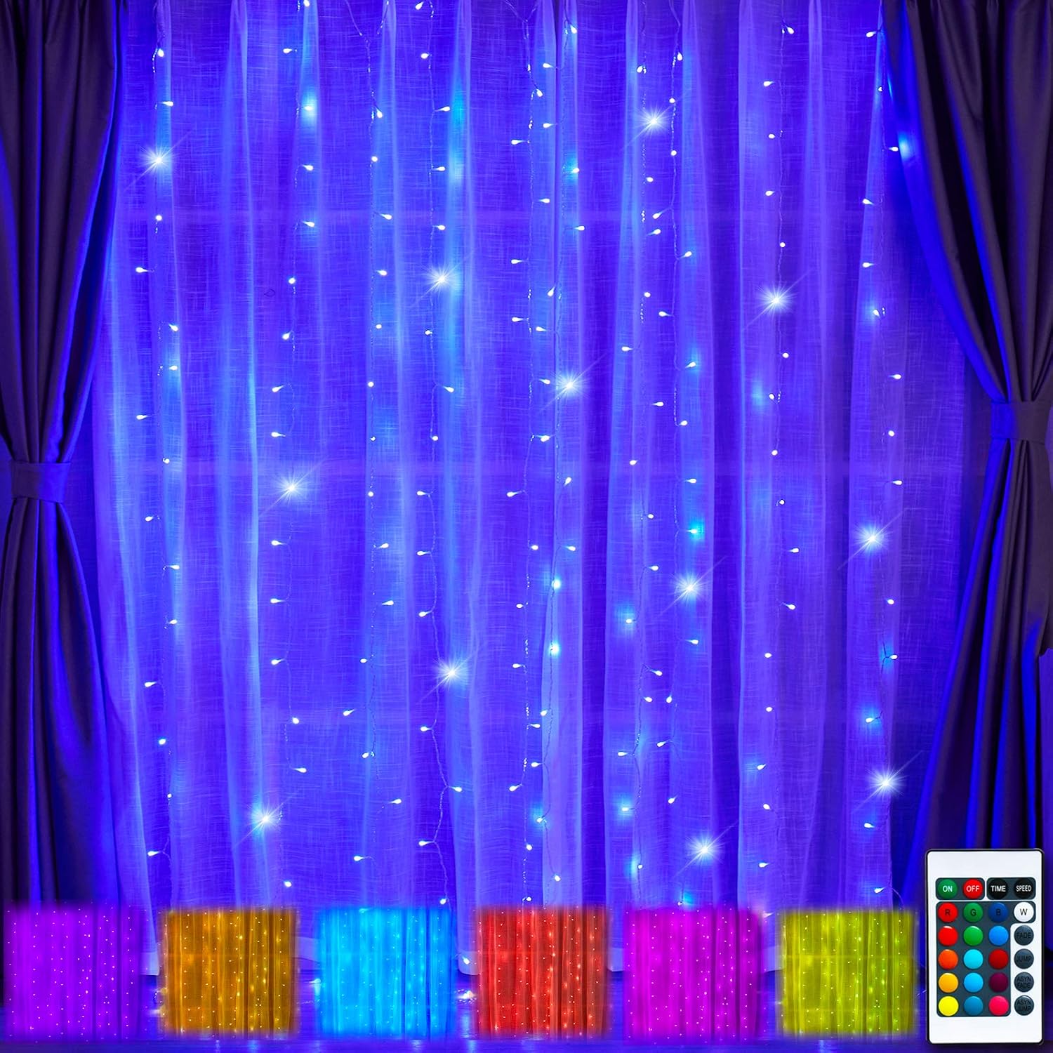 LED Color Changing Backdrop Window Curtain Light with Remote, Rainbow Fairy String Lights Hanging Icicle Lights for Home Christmas Holiday Decoration (RGB)