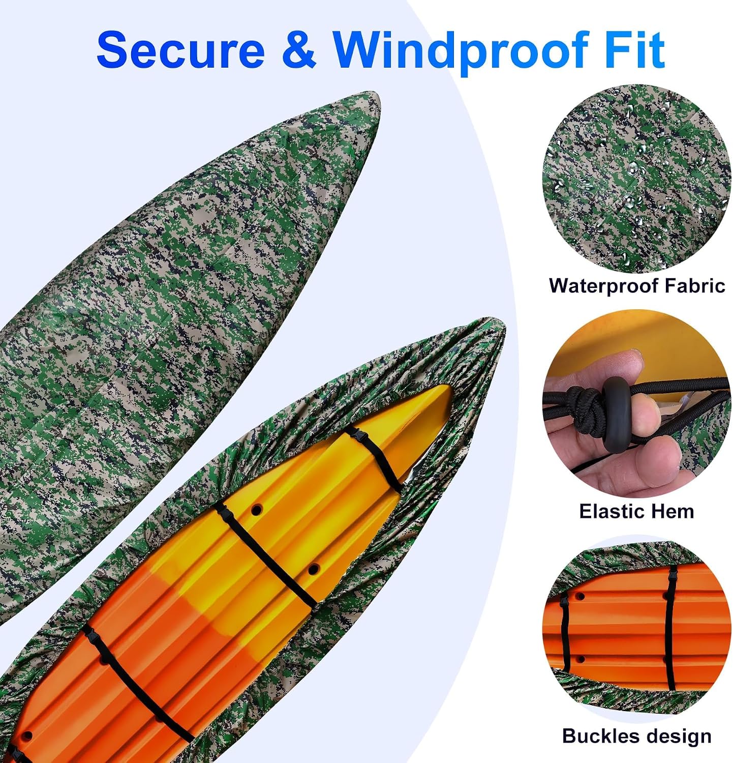 Kayak Cover, 420D Waterproof Kayak Covers for Outdoor Storage, Ultra Strong Canoe Storage Oxford UV Resistant Dust Cover Sunblock Fishing Boat Cover Shield Protector- Camouflage