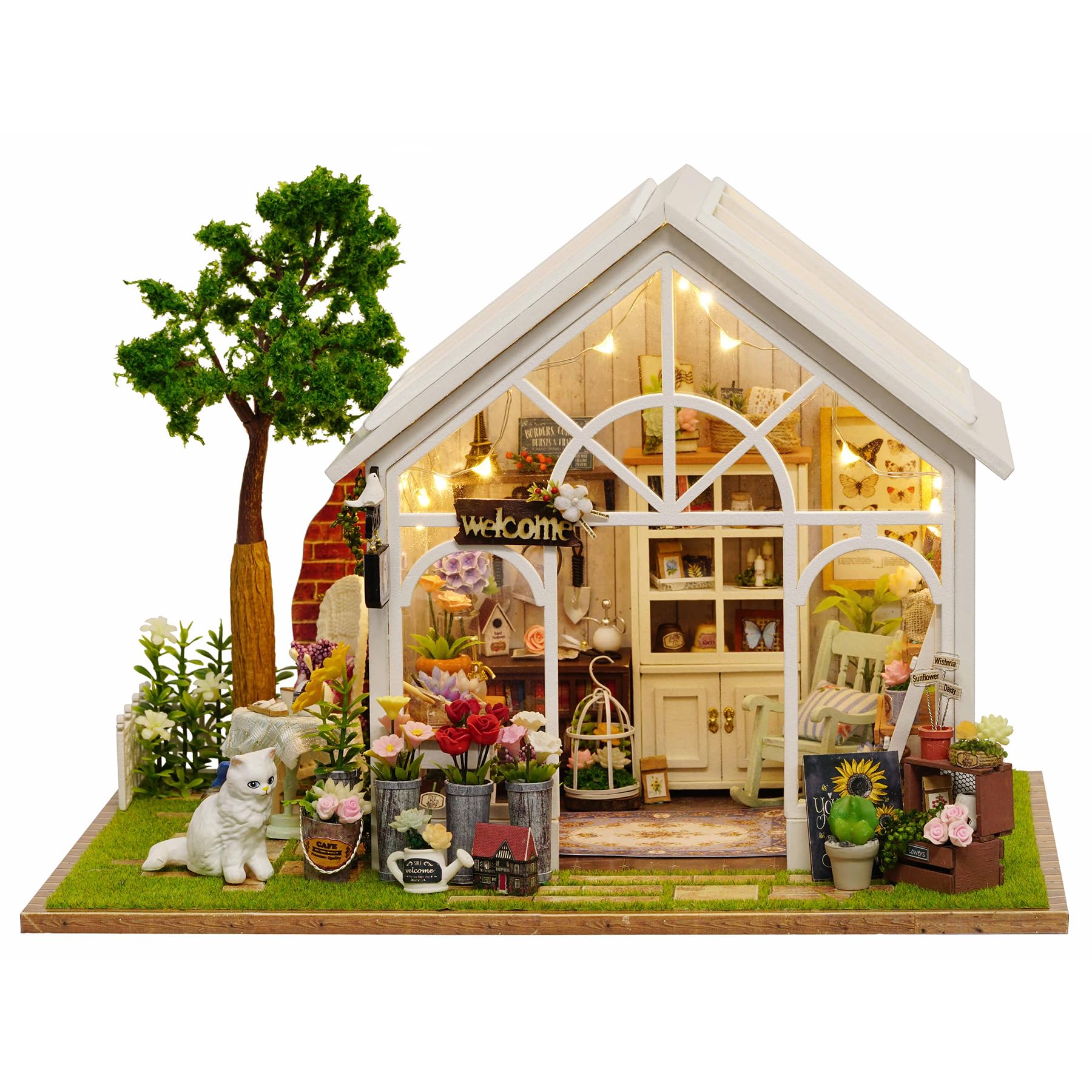 CUTEROOM DIY Miniature House Kits for Adult, Wooden Dolls House Handcraft Creative Room for Decoration, Model House Kit with Furniture- Sunshine Greenhouse
