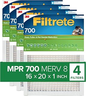 Filtrete 16x20x1 Air Filter, MPR 700, MERV 8, Clean Living Dust, Pollen and Pet Dander Reduction 3-Month Pleated 1-Inch Air Filters, 4 Filters