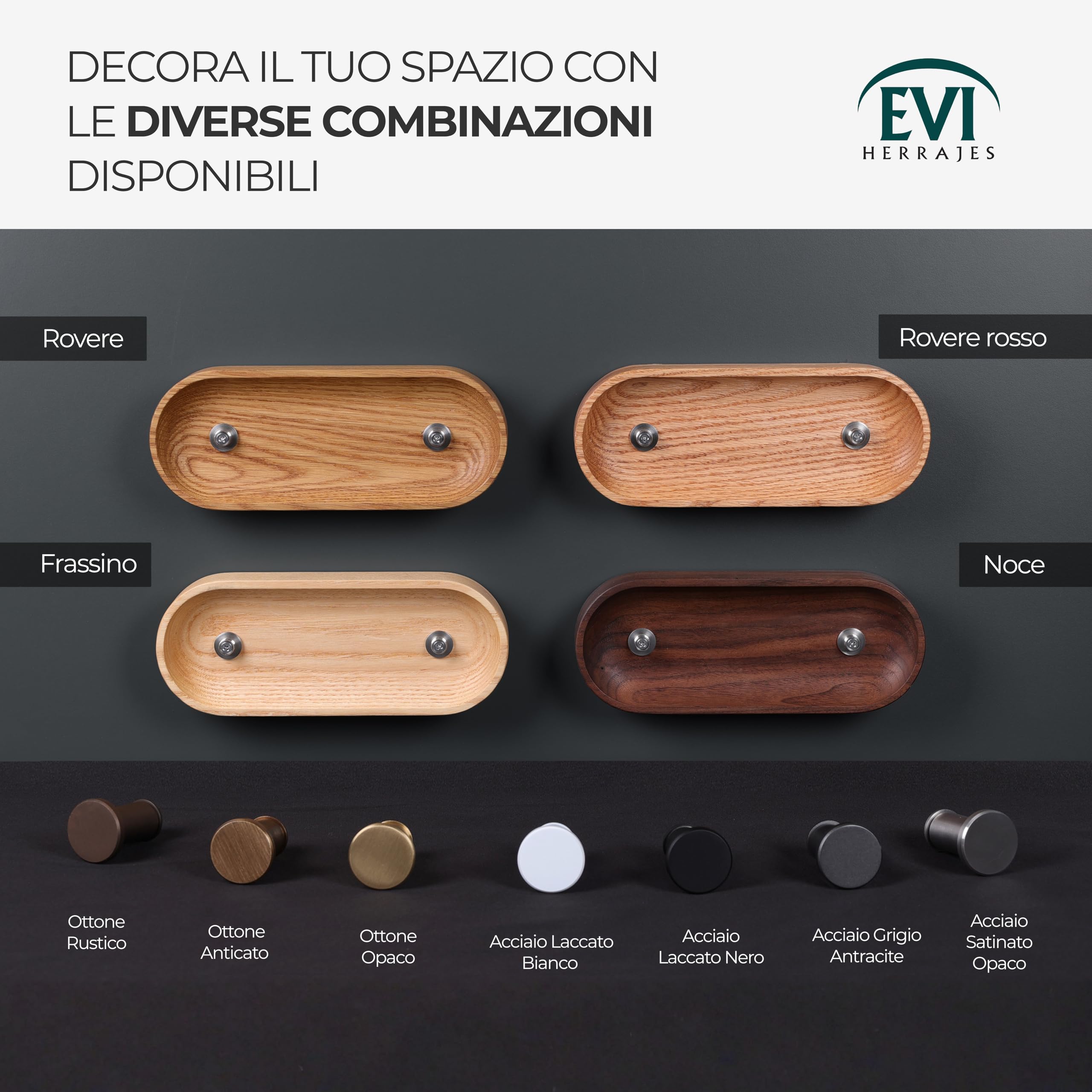 EVI Herrajes | Appendiabiti da parete a 2 ganci | Legno massello di rovere rosso | Ganci in ottone satinato | Kit di montaggio incluso | Mod. Cova 2CRRLMT