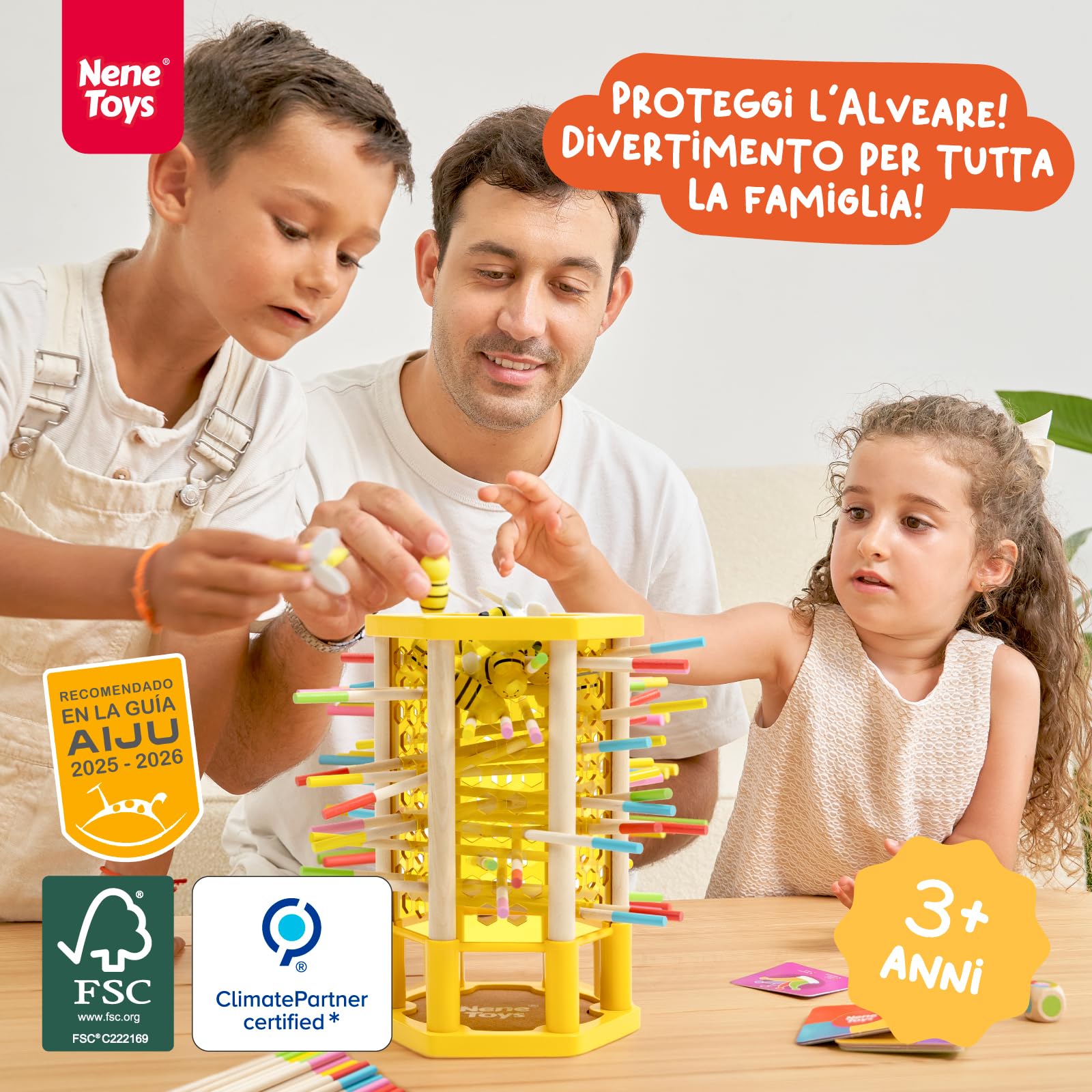 Nene Toys BEEFALL Grande, Gioco Montessori 4-in-1 per Bambini 3-9 Anni - Gioco Educativo in Legno con Alveare, 12 Api, Bastoncini Colorati, Dadi e Carte - Gioco per la Famiglia