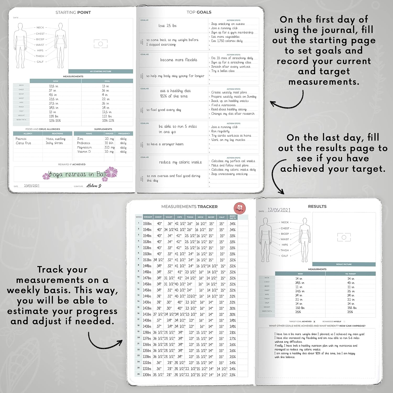 Clever Fox Food Journal Pro – Diet & Wellness Planner for Women & Men – Weight Loss Diary with Calorie Tracker – Food Log for Tracking Meals, Exercise & Weightloss - Undated, 7" x 10" Grey : Sports & Outdoors