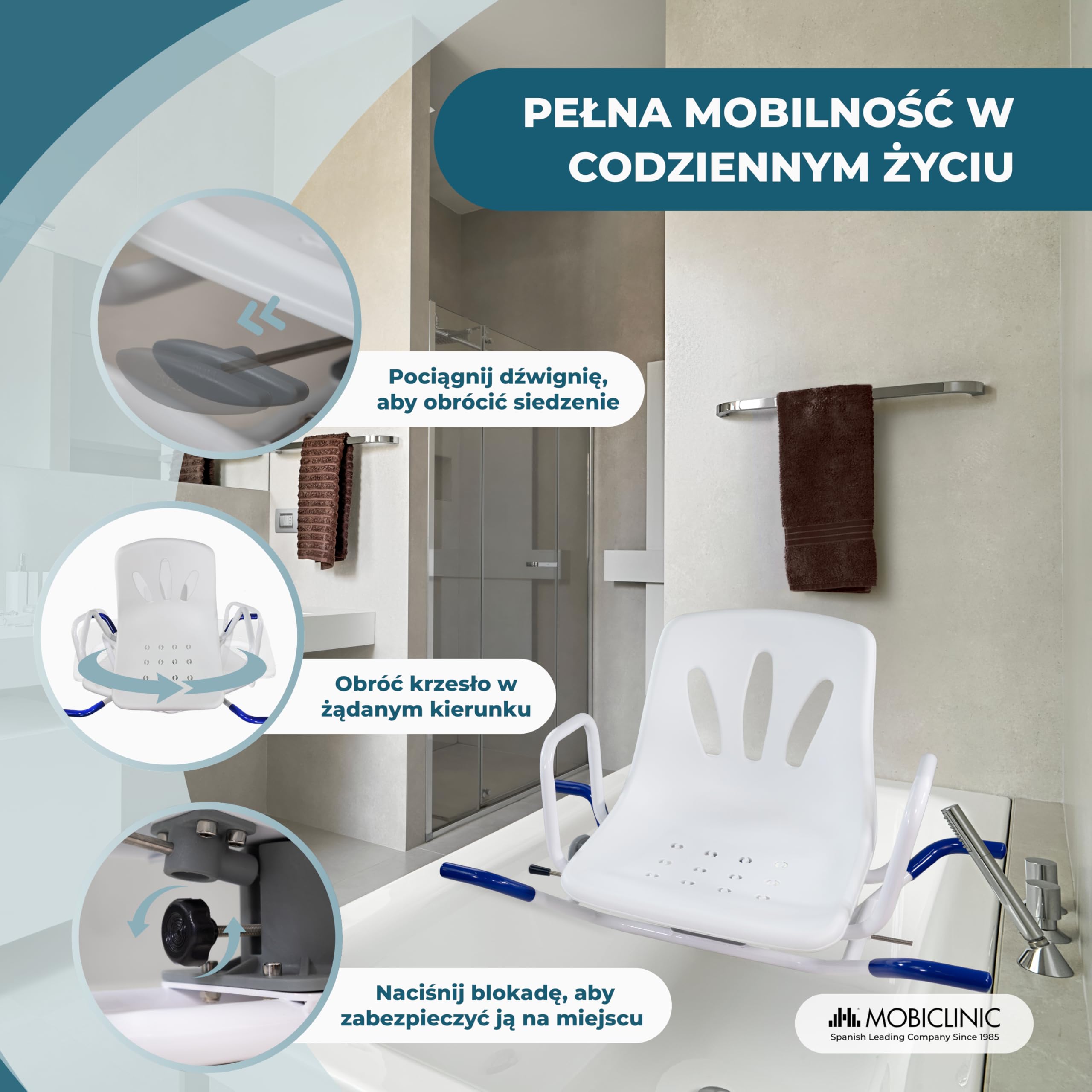 Mobiclinic, obrotowy fotel kąpielowy, podłokietniki i oparcie, anatomiczne, Lake