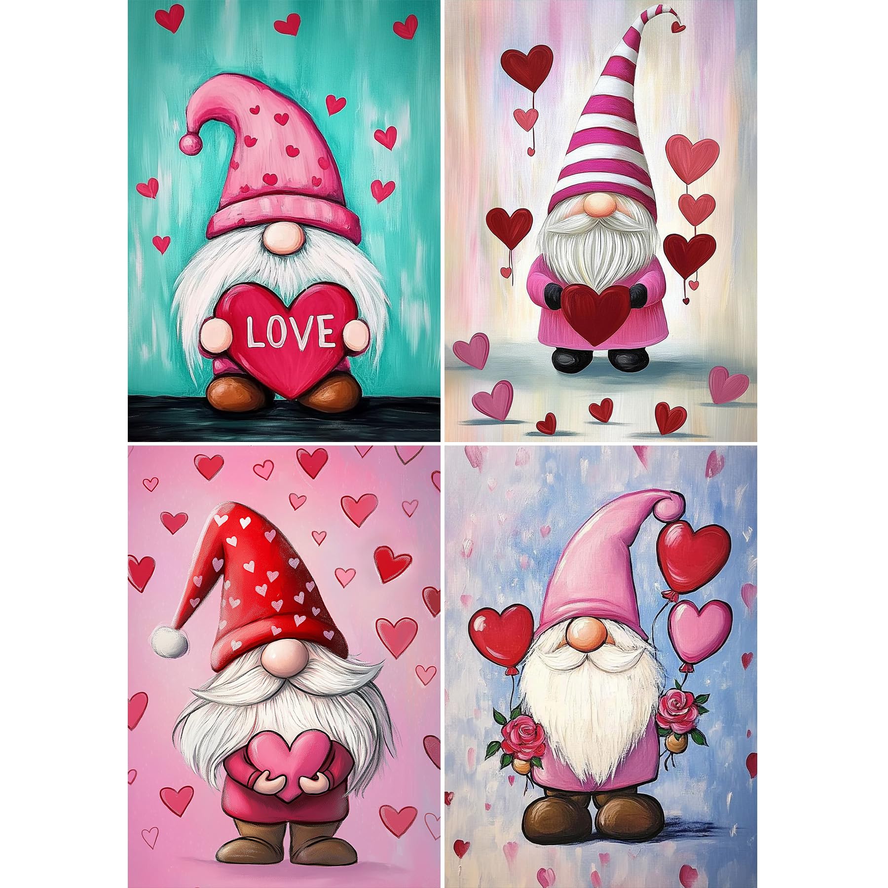 Bowetile 4 Pack DIY Gnome Diamond Painting, Cute Gnome Diamond Art Kits for Adults, Love Heart Full Drill Painting Rhinestone Embroidery Pictures for Beginner Home Wall Decor 30x40 cm