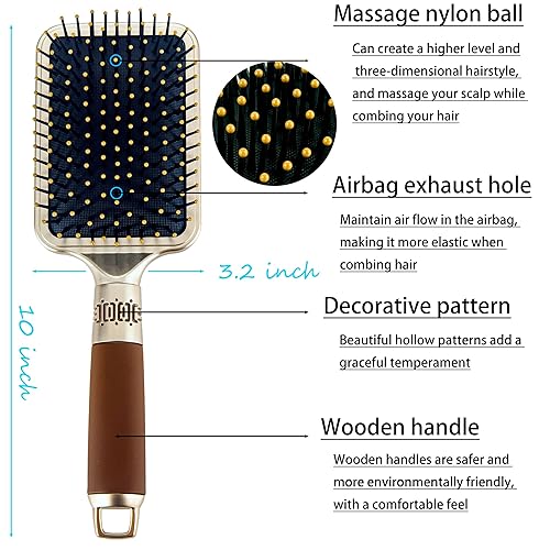 Miniatura 2 de Cepillo de pelo con tachuelas de diamante para mujer, peine de madera y cepillo de paleta desenredante para masajear el cuero cabelludo, ideal para