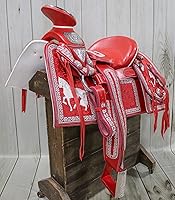Vista 6 de Montura Silla Charra - Silla de montar con bordado rojo Charro Diseno Caballo de 15.5 pulgadas