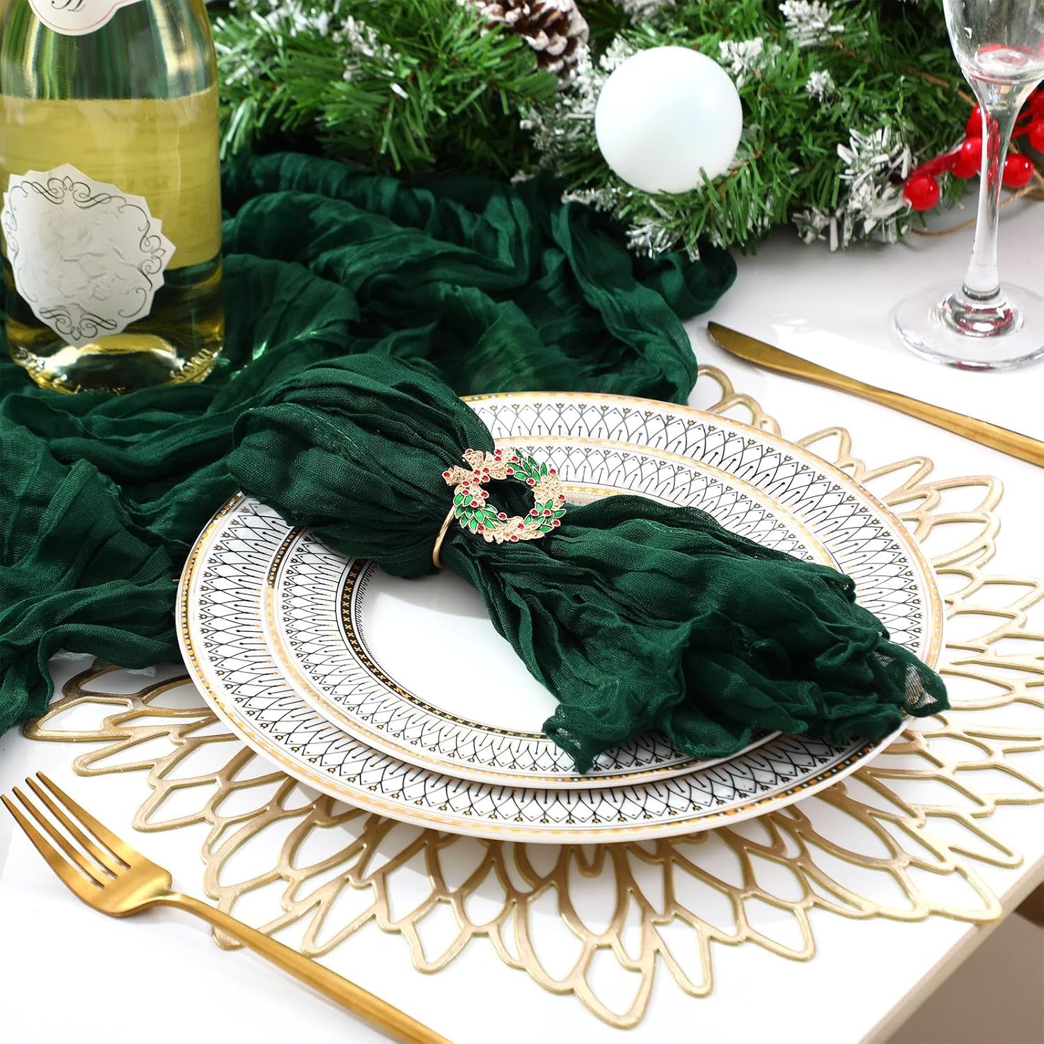 Preboun 2 Pack Christmas Table Runners 12 Pcs Cheesecloth Napkins with 12 Pcs Metal Napkin Rings for Xmas Party Decorations 10ft Green Cheese Cloth Table Runners Set(Wreath)