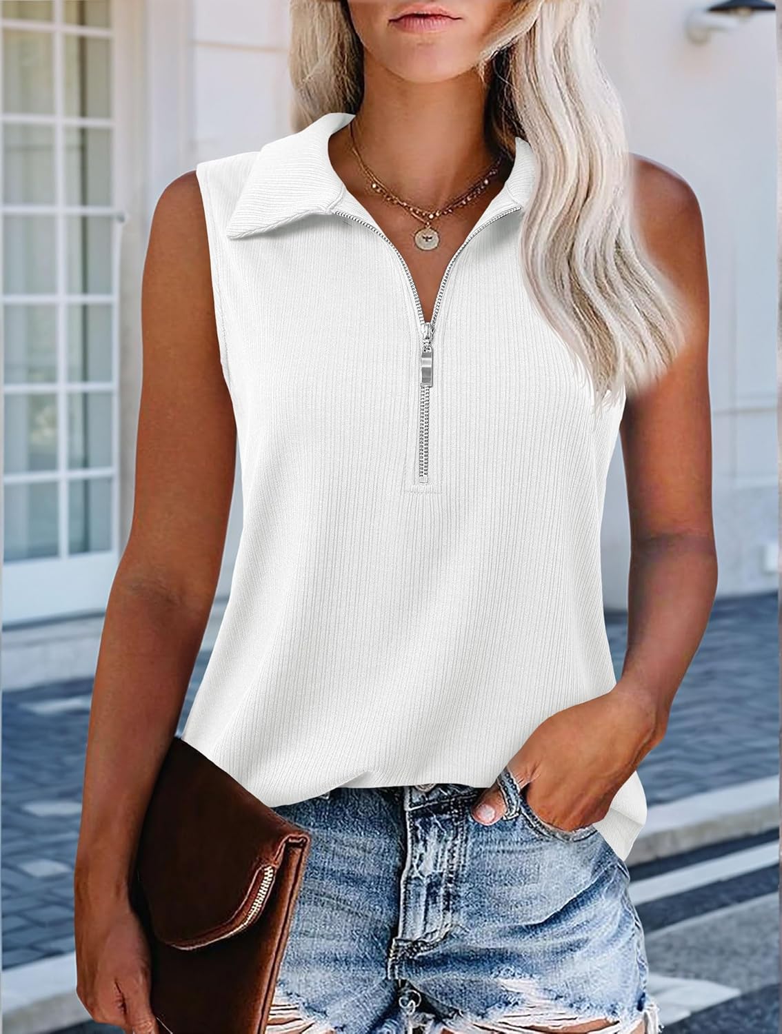 Imily Bela Women's Summer Sleeveless Tank Tops Zipper V Neck Ribbed Dressy Casual Blouses Loose Business Polo Shirts - Image 2