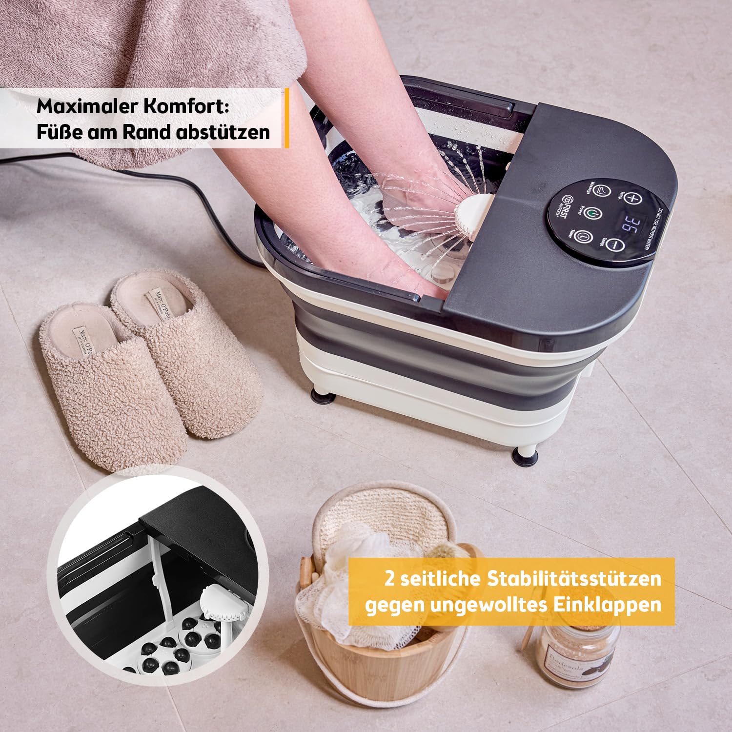 TZS First Austria - Fußsprudelbad Fußmassagegerät klappbar 500W mit 3 Aufsätzen & 6 Massagerollen - Fußbad mit Vibrations- & Luftblasenmassage, Infrarot- & Heizfunktion - Elektrische Fußbadewanne