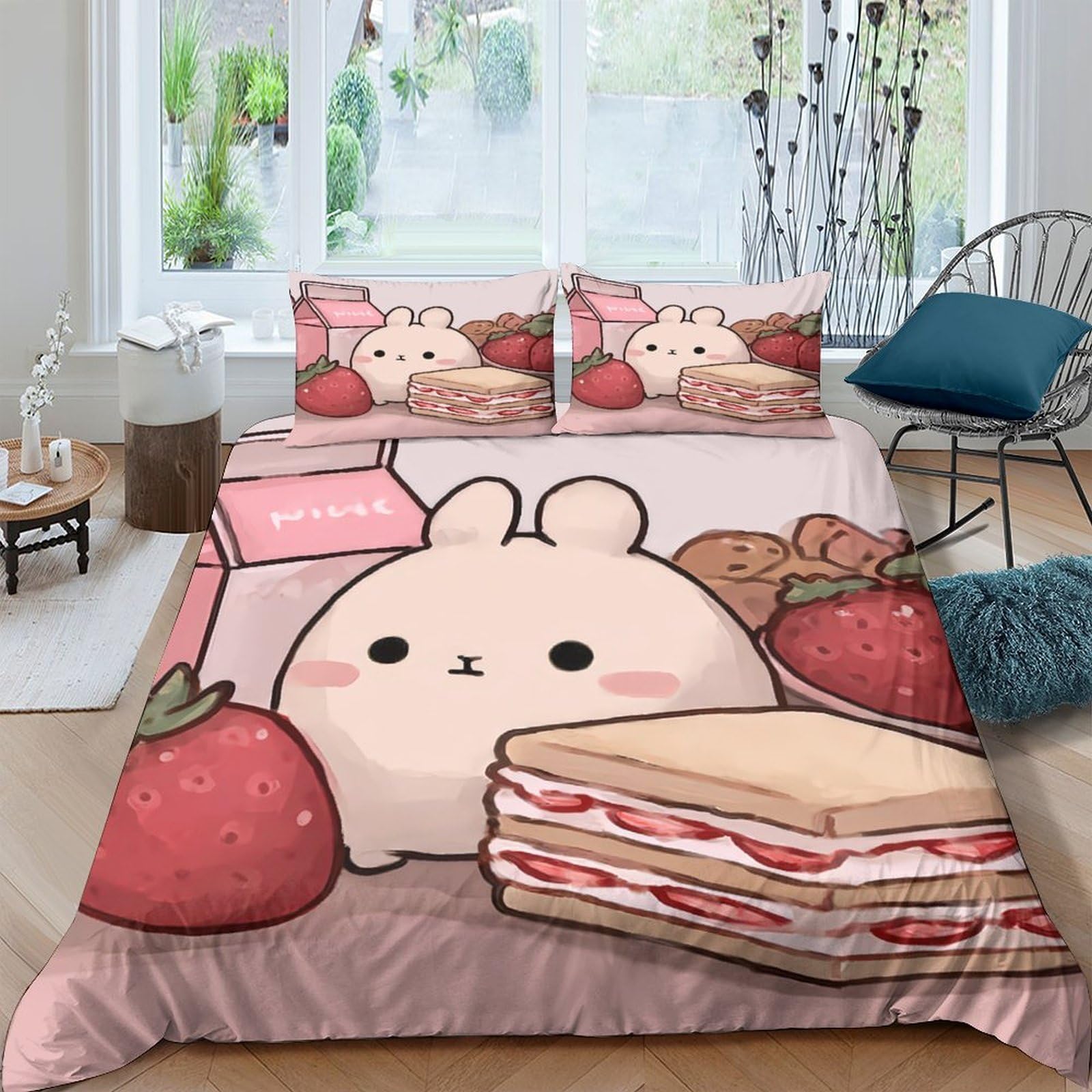 GPLZQXKJNH 3D Printed Cute Bunny Strawberry Duvet Cover Microfiber Soft Breathable Cake Quilt Cover Set with 2 Pillowcases for Bedroom Decor Single（135x200cm）