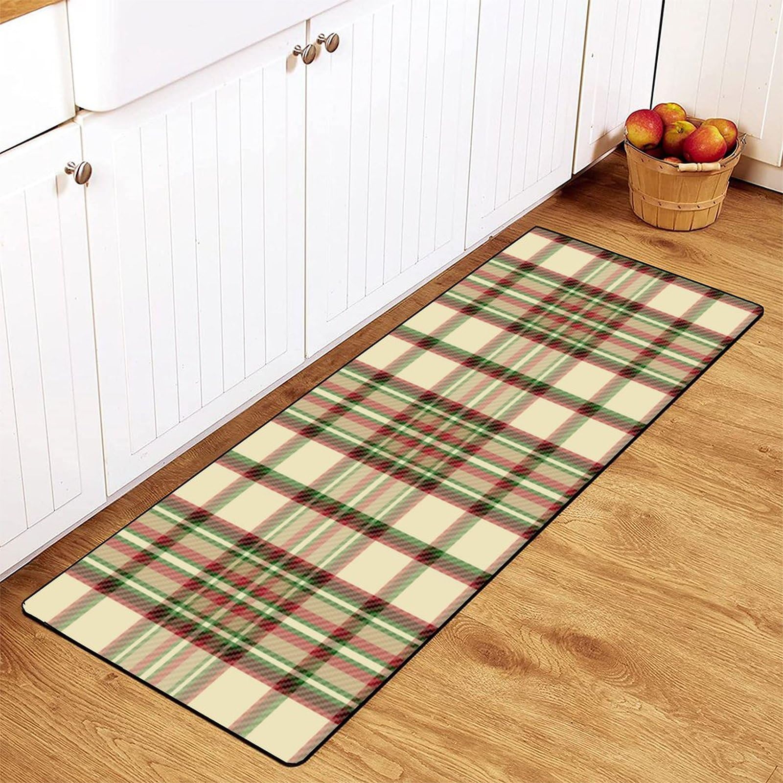 MoBlinko Kitchen Rugs Christmas Tartan Check Plaid Yellow Red Green Bathroom Rugs Non Skid Washable Standing Floor Mat Runner Carpet for Home Office Farmhouse Laundry 39 X 20 Inch