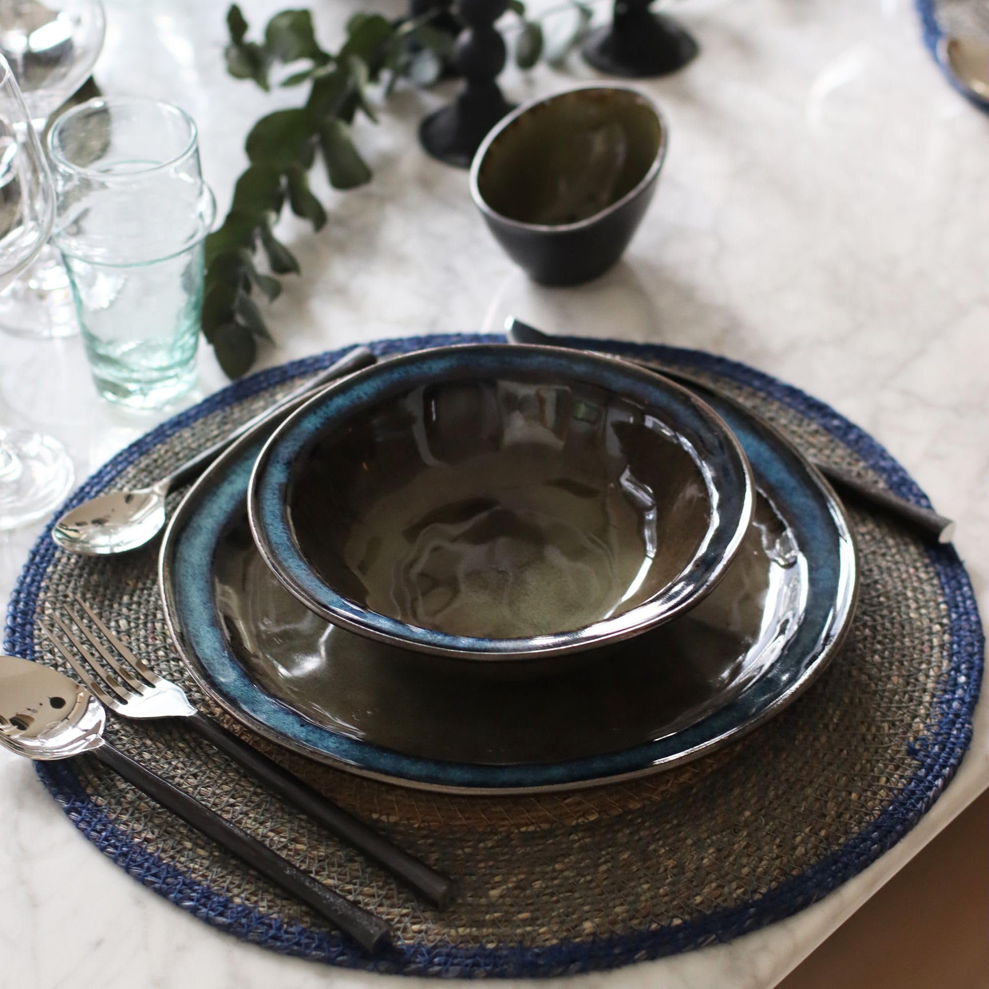 NOVASTYL - Lot 6 Sets de Table Luna Rond 38cm en jonc de mer Naturel et Bleu - 5014065