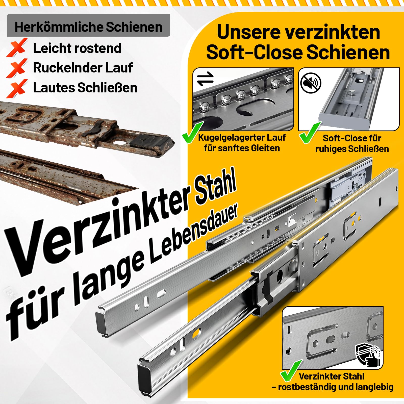 Szyny do szuflad 450 mm z pełnym wysuwem Soft-Close udźwig 45 kg, łatwy montaż do szafek kuchennych, warsztatów i mebli, 4 pary