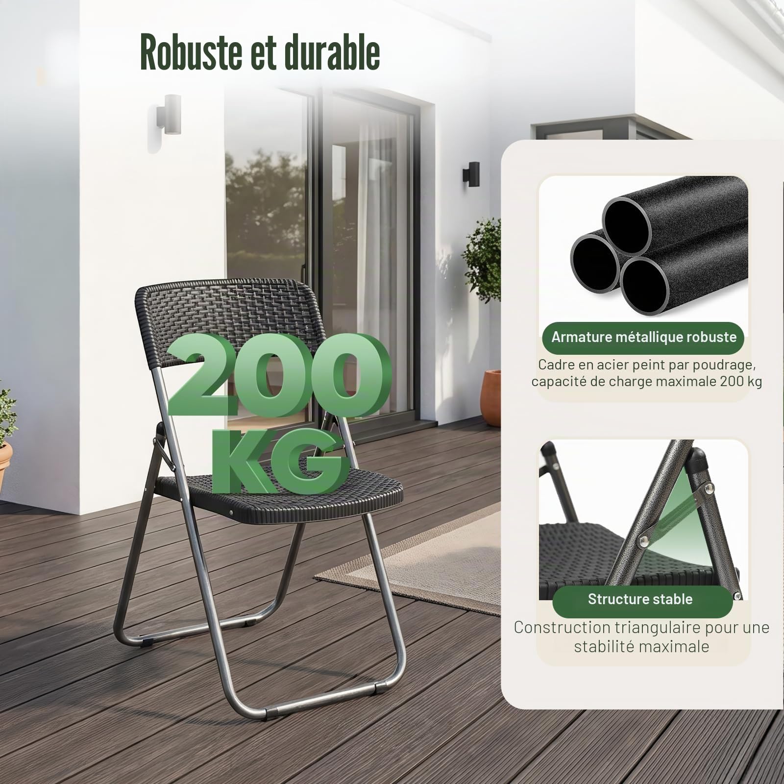 Sekey 4 Chaises Pliantes, Chaise de Balcon en Résine Tressée, 46 x 53 x 84cm, Jardin Balcon Camping, 200 kg de Charge, Noir
