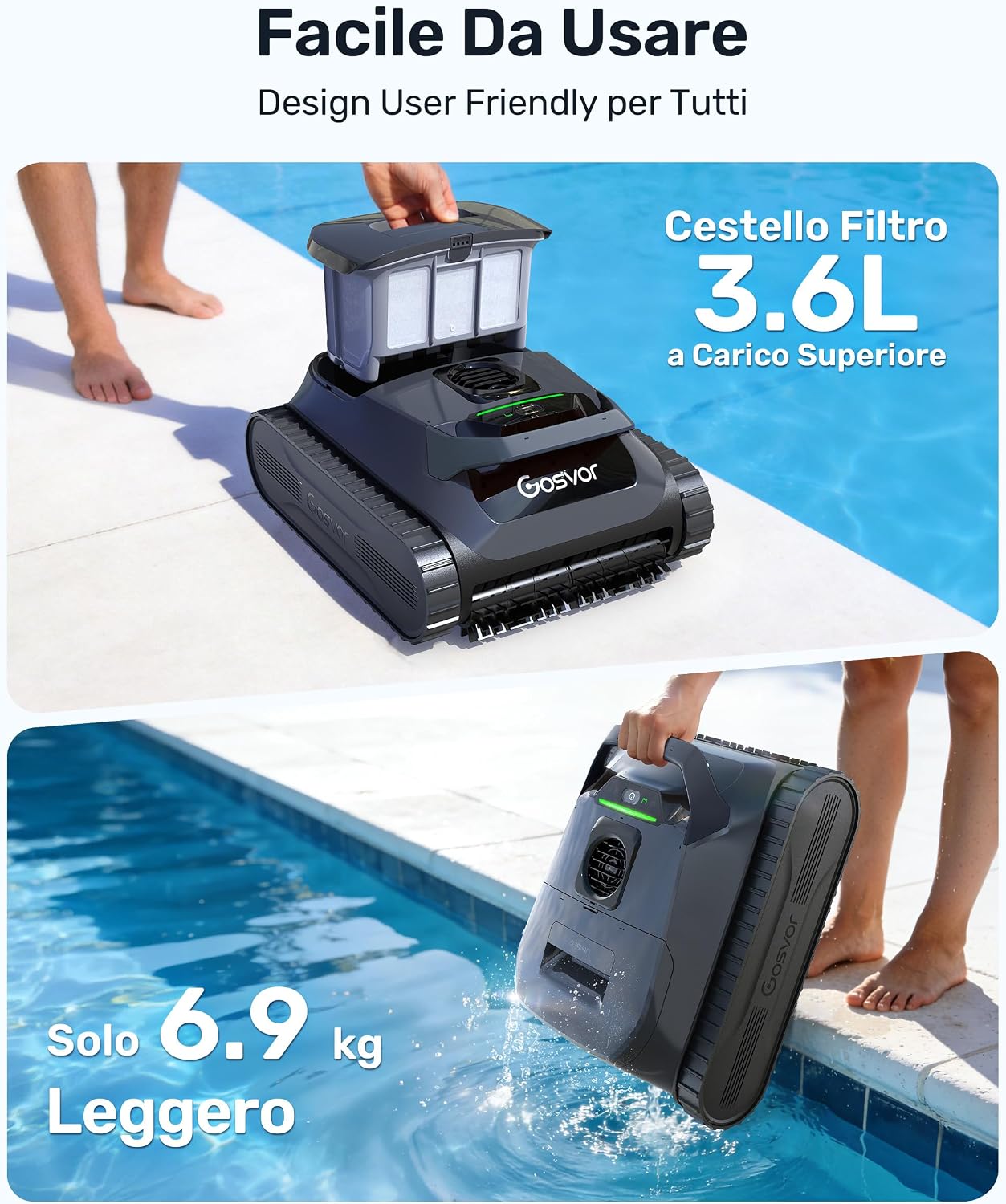 Person lowering the Gosvor LiteVac G1 into a swimming pool