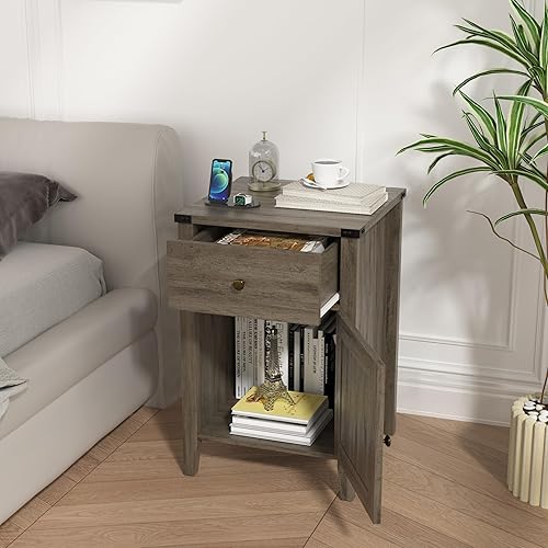 Miniatura 30 de Betterhood Barnwood - Mesita de noche rústica con estación de carga, mesa auxiliar con puerta de granero y cajones, mesa auxiliar estilo roble Roble