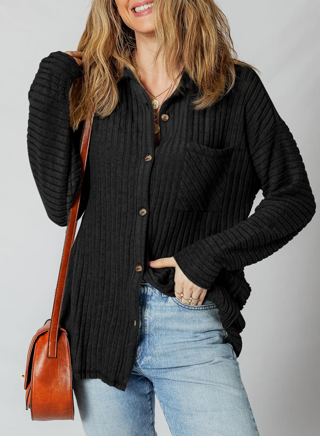 SHEWIN Womens Ribbed Knit Shacket Jacket Casual Long Sleeve Button Down Shirts Loose Sweater Tops Dressy Blouses with Pocket - Image 6