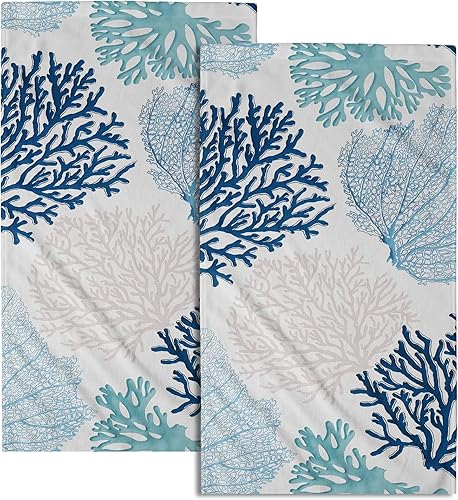 Juego de 2 toallas de mano azul coral, toalla náutica verde azulado mar coral toalla costera toalla de cara océano para casa de campo cabina baño