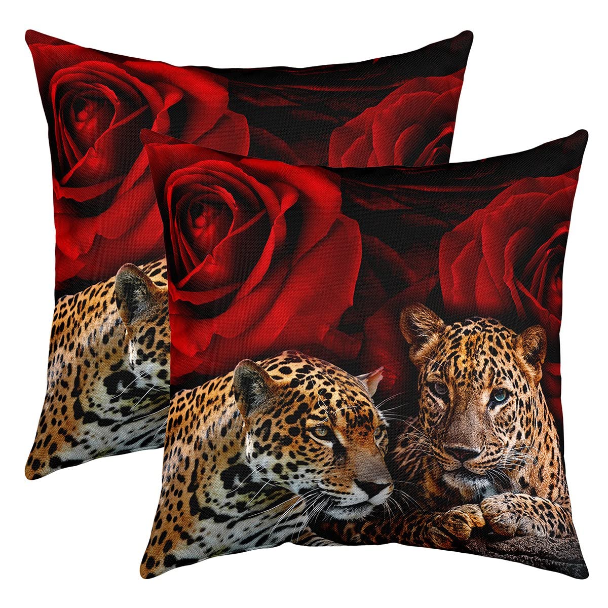 richhome Leopard Print Pillow Cover for Living Room Couch Decor Romantic Red Rose Flower Square Soft Throw Pillow Cover Tropical Wildlife Cool Leopard Decorative Cushion Cover,Pack of 2,20"x20"