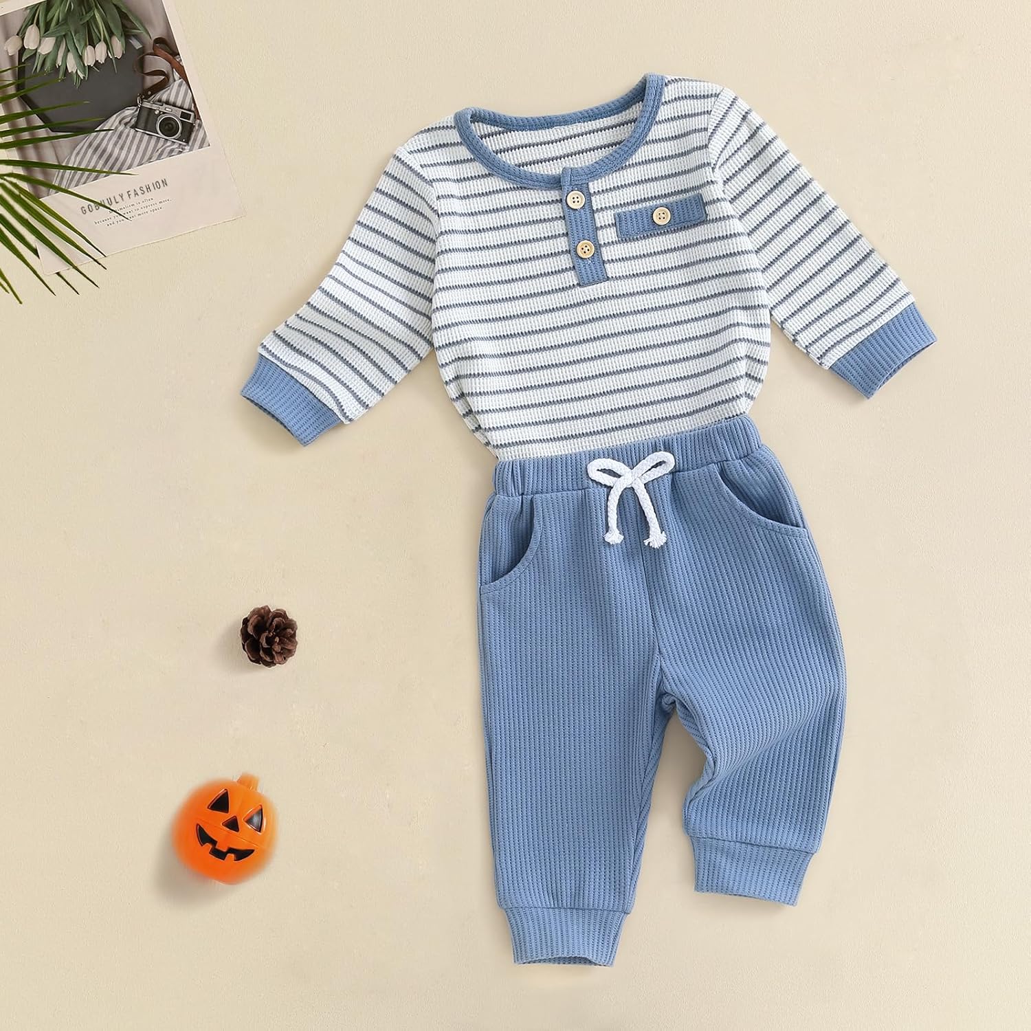 Baby Boy Fall Outfits Waffle Striped Toddler Boy Sweatshirt Pullover Tops Pants Infant Baby Fall Winter Clothes - Image 2