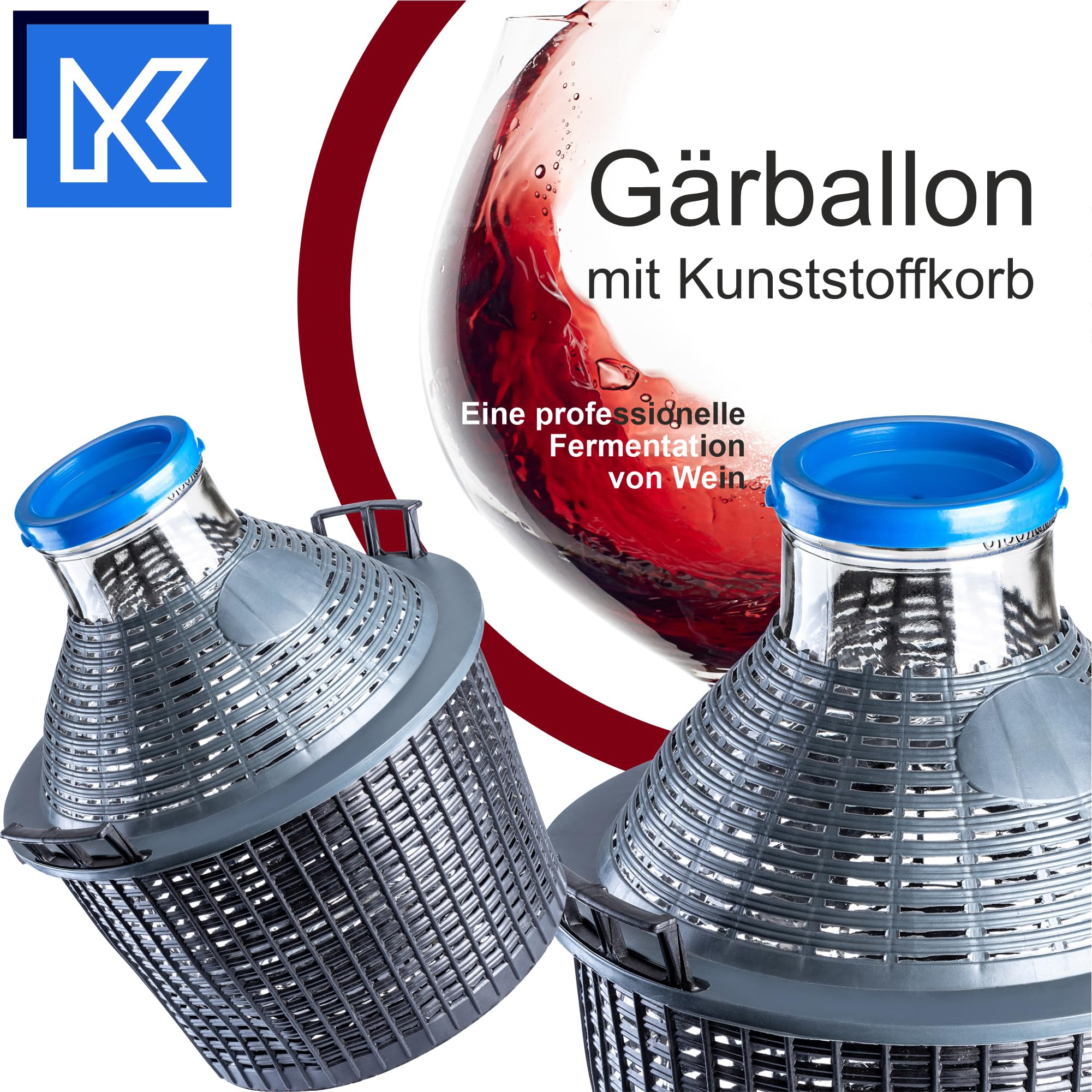 KADAX Glasballon, Gärballon mit Kunststoffkorb, Weite Öffnung, Gummistopfen, Weinballon, Glasgärballon, Flasche, Glasflasche, Gallone, Gärbehälter, Gäreimer (10L)