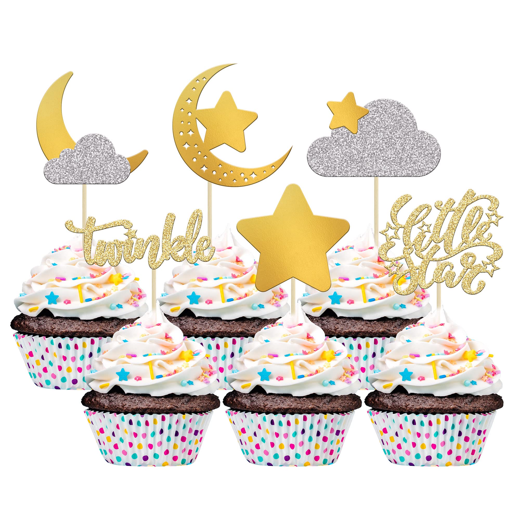 Gyufise24Pcs Twinkle Star Cupcake Toppers with Moon Cloud Gold Glitter Little Star Cupcake Food Picks Baby Shower Kids Birthday Wedding Party Cake Decorations Supplies